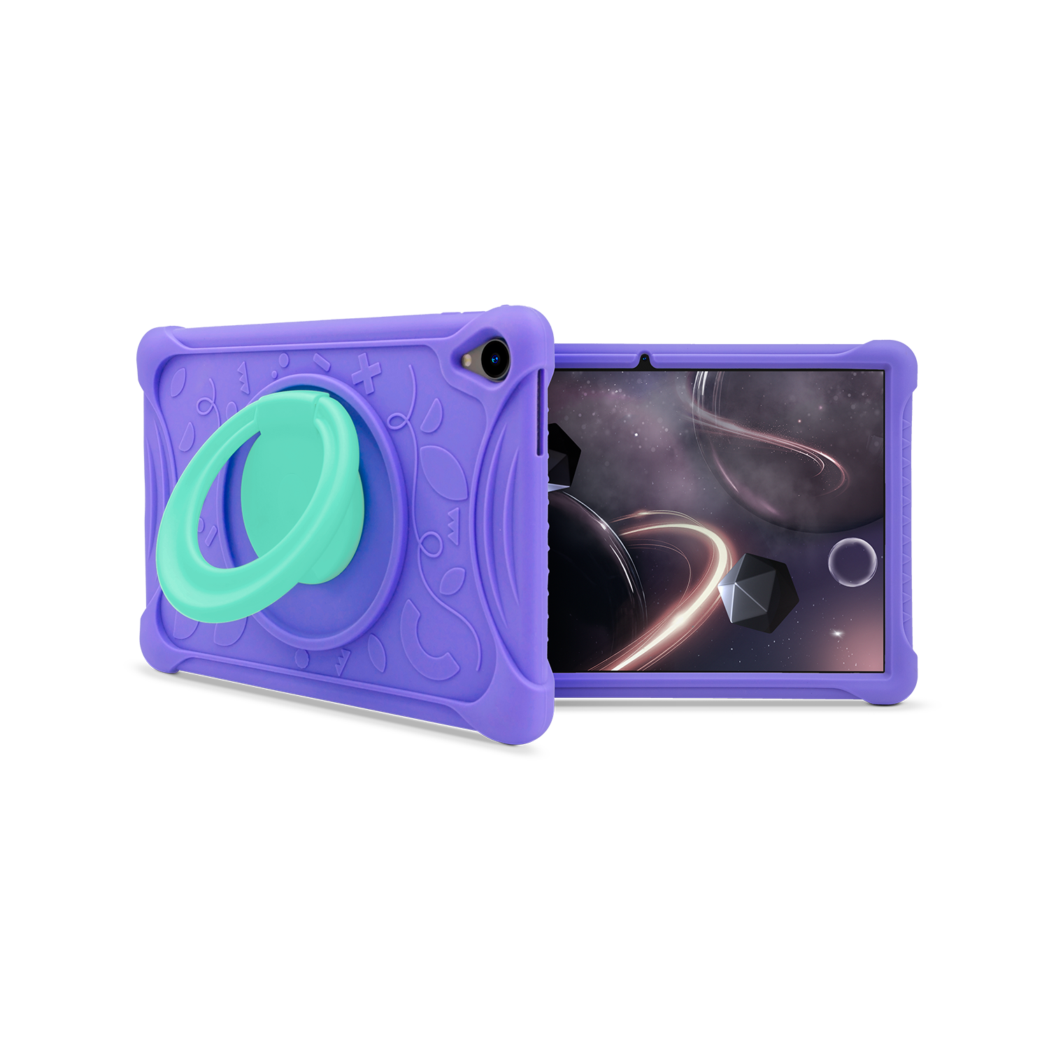 Una tableta morada con un soporte de lazo verde azulado y un fondo espacial está sobre una superficie blanca. La tableta está en una funda morada.