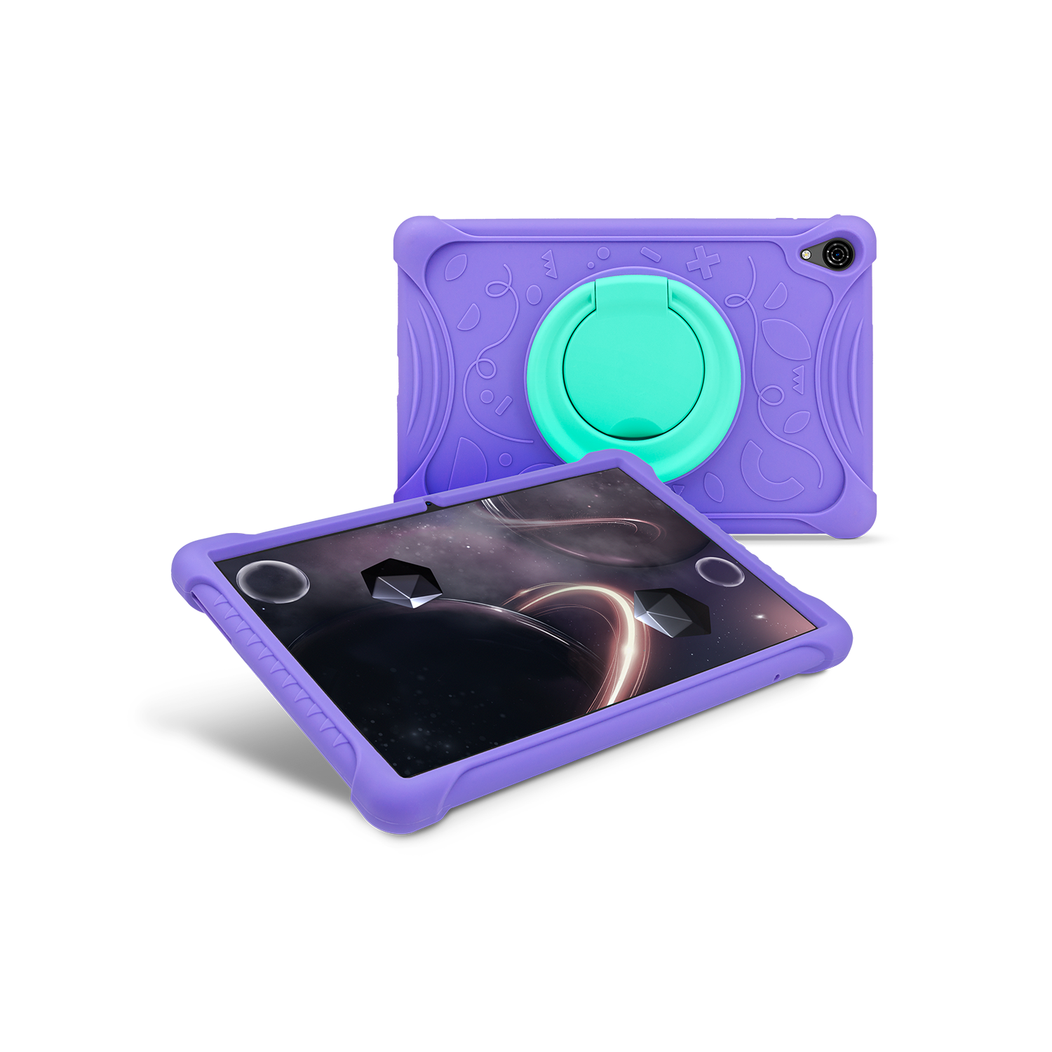 Dos tabletas con fundas moradas. Una está en posición vertical, la otra inclinada hacia delante. Ambas tienen un anillo verde azulado.