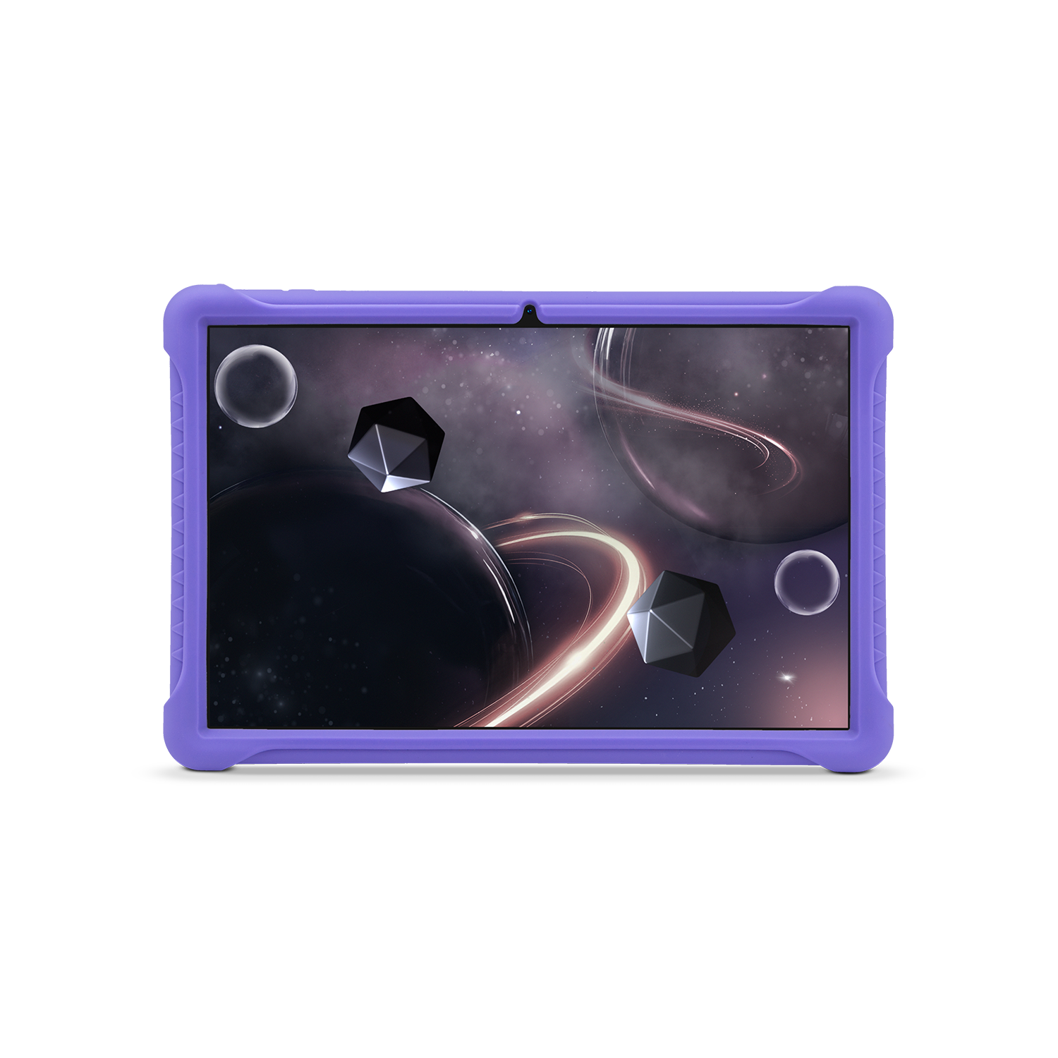 Tableta con funda morada. La pantalla muestra una imagen espacial con planetas y formas geométricas.