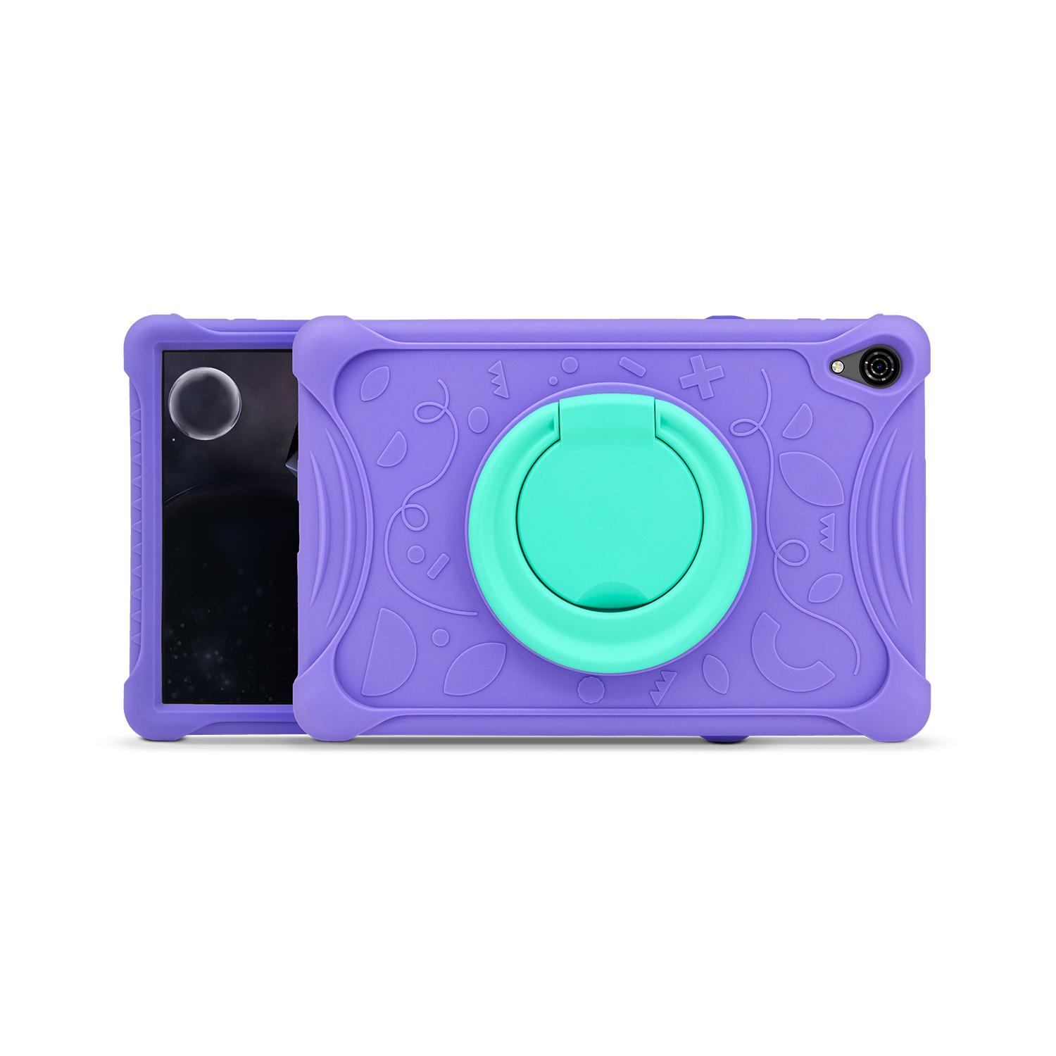 Una tableta morada con un soporte de anillo verde azulado. La funda tiene elementos decorativos. La pantalla es oscura.