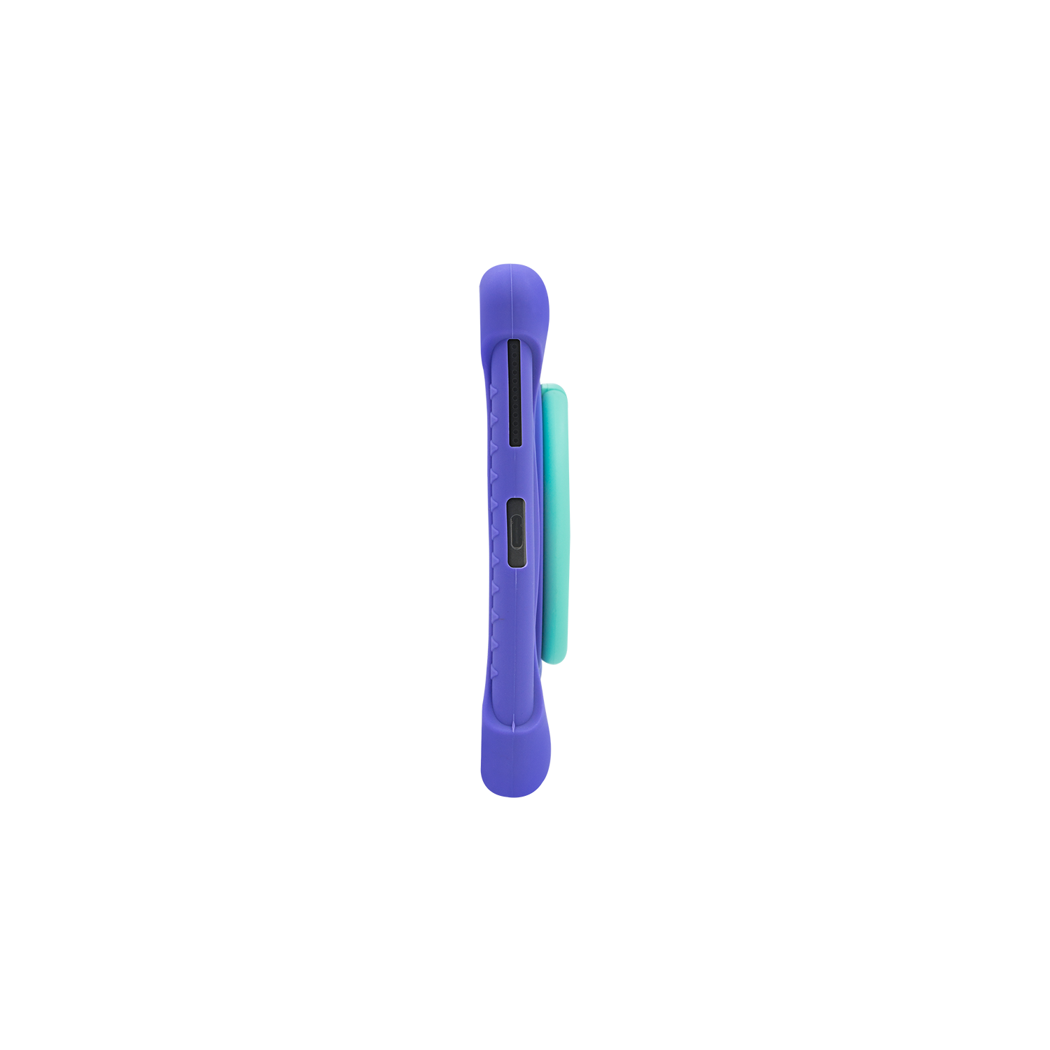 Se muestra una funda de teléfono púrpura con un agarre de teléfono verde menta. La funda tiene botones en el lateral.