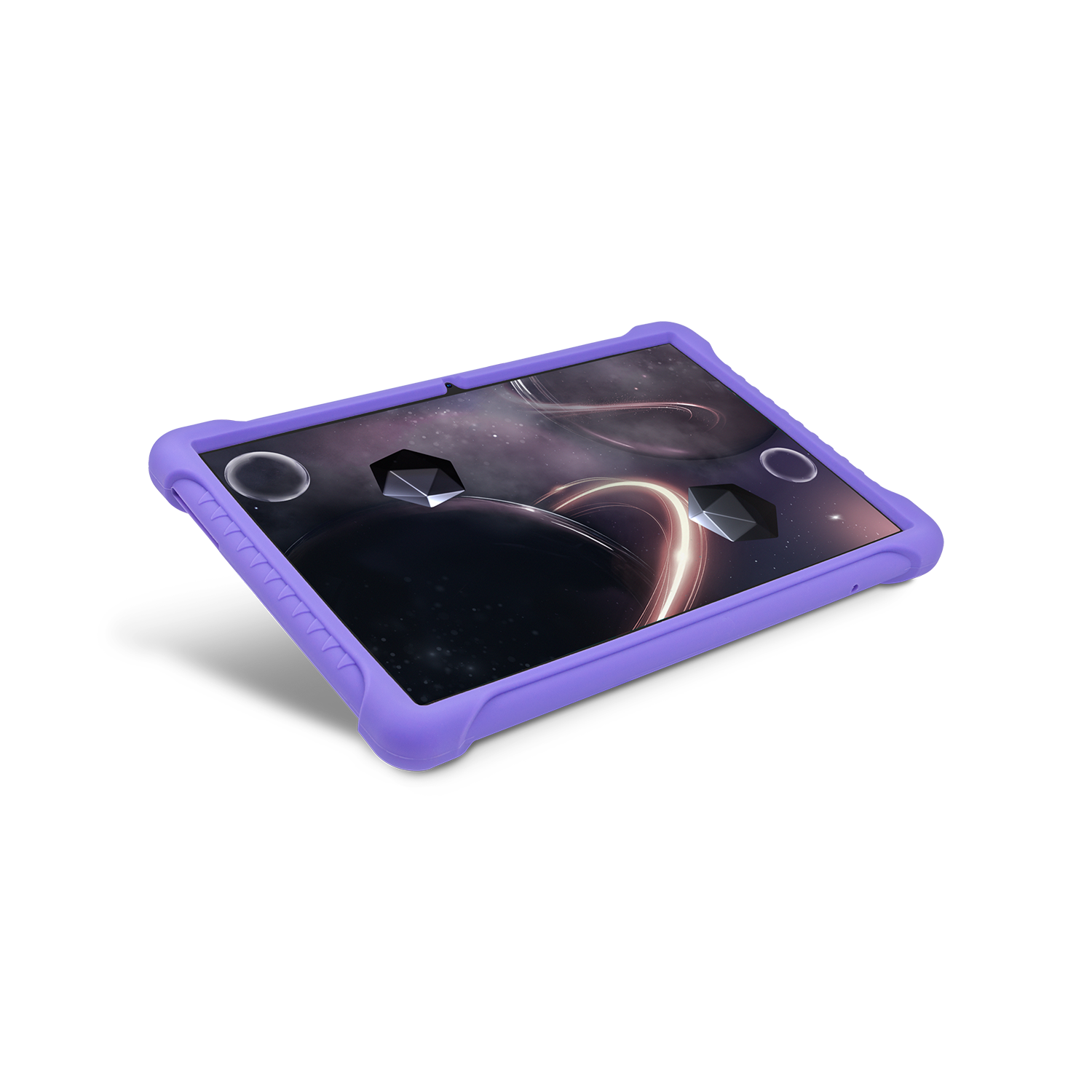 Una tableta con funda morada. La pantalla muestra una imagen espacial con planetas y formas geométricas. La tableta proyecta una sombra.