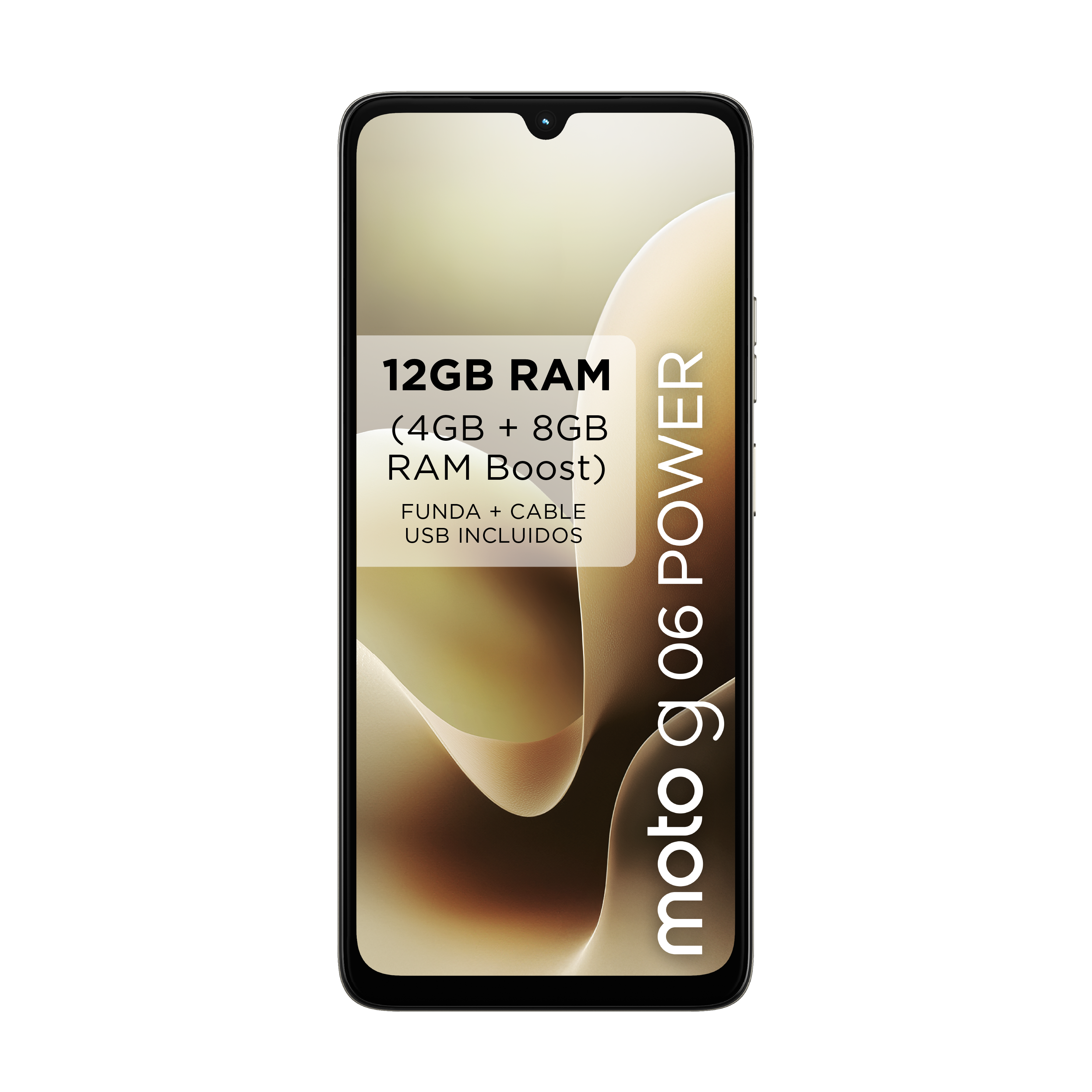 Smartphone con marco negro. La pantalla muestra texto: 12GB RAM, moto g06 POWER. Fondo blanco.