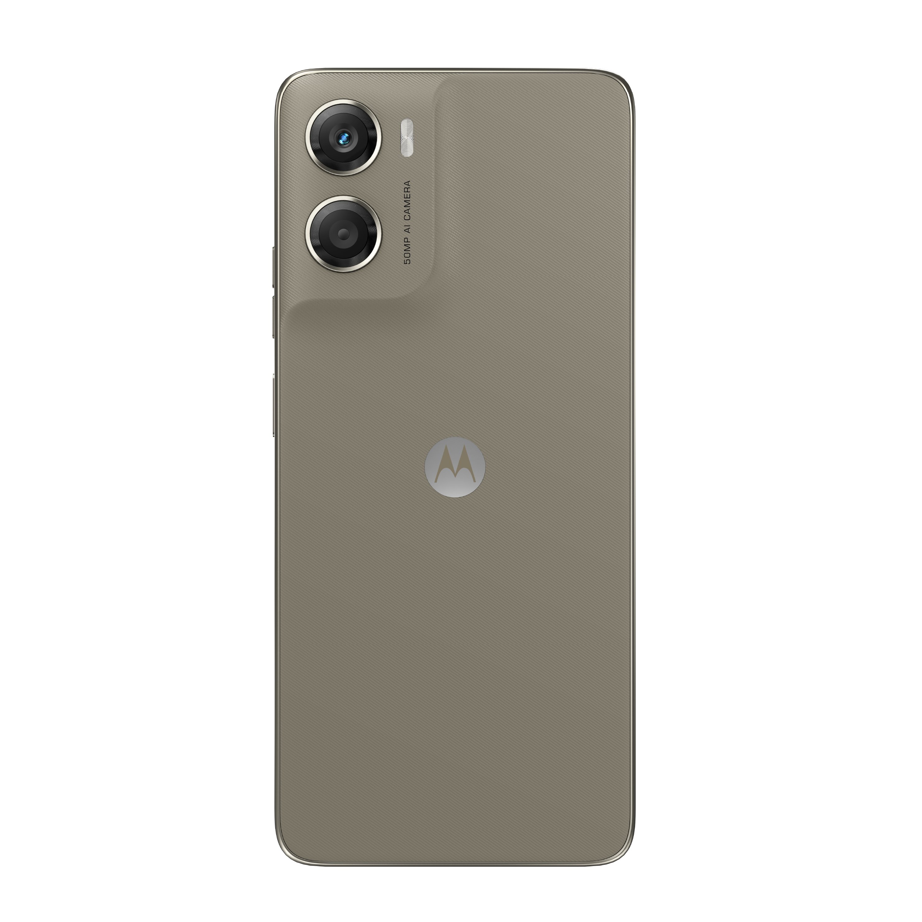 La parte trasera de un smartphone Motorola color topo. Tiene dos cámaras, un logotipo y una superficie texturizada.