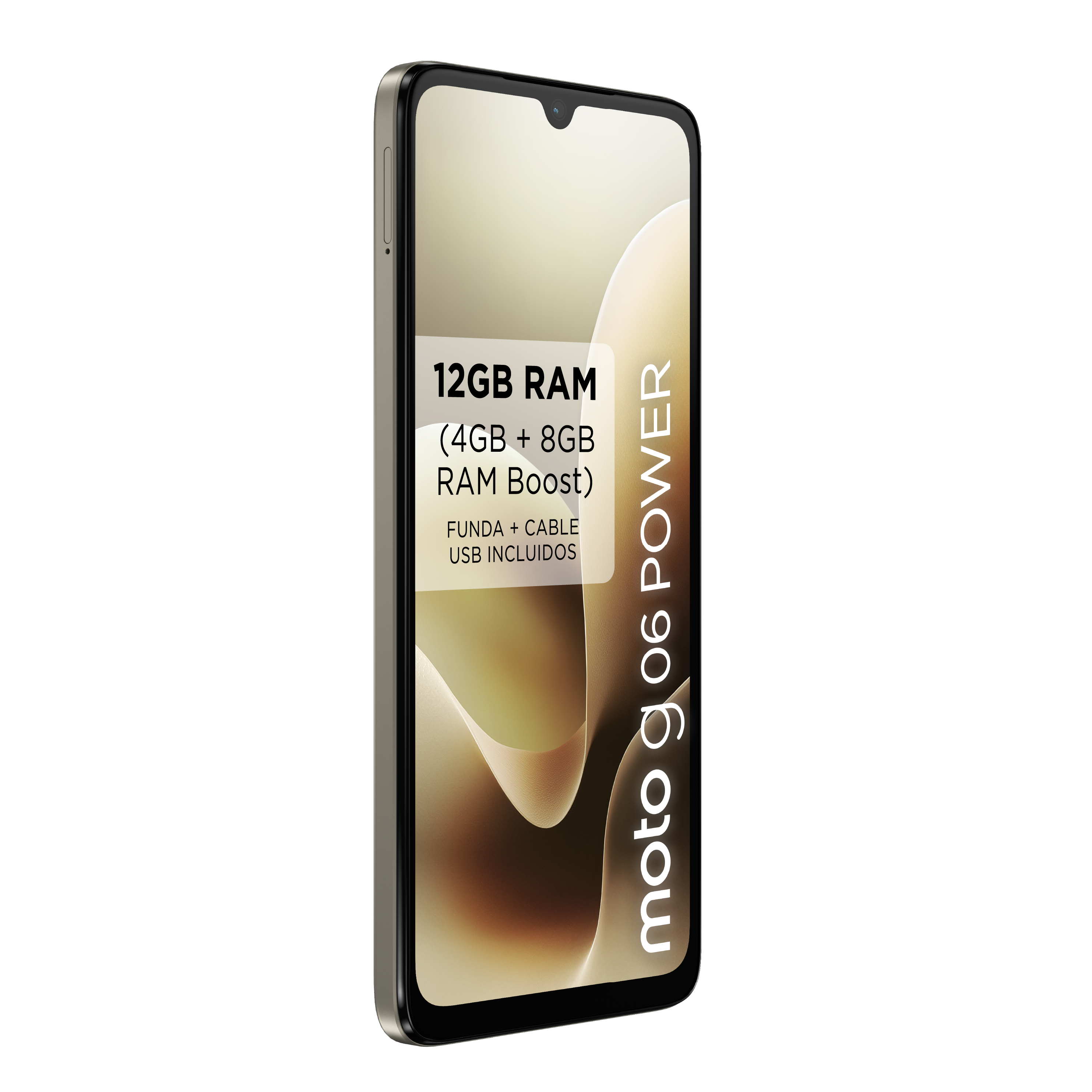 Un smartphone con pantalla negra y marco dorado. Texto en pantalla: 12GB RAM, moto g06 POWER.