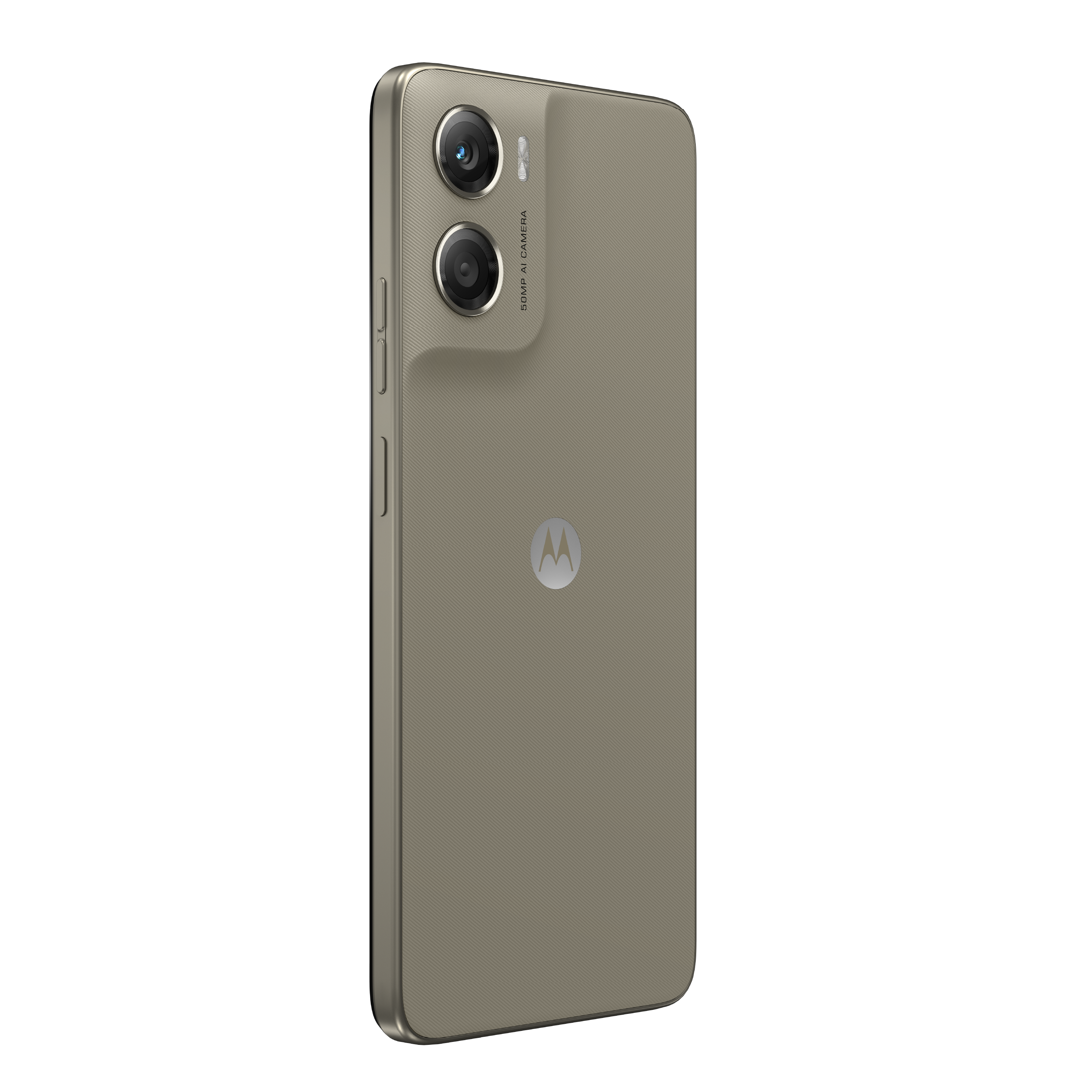 Teléfono inteligente beige, vista trasera, con lentes de cámara duales. Logotipo de Motorola visible. Fondo blanco.