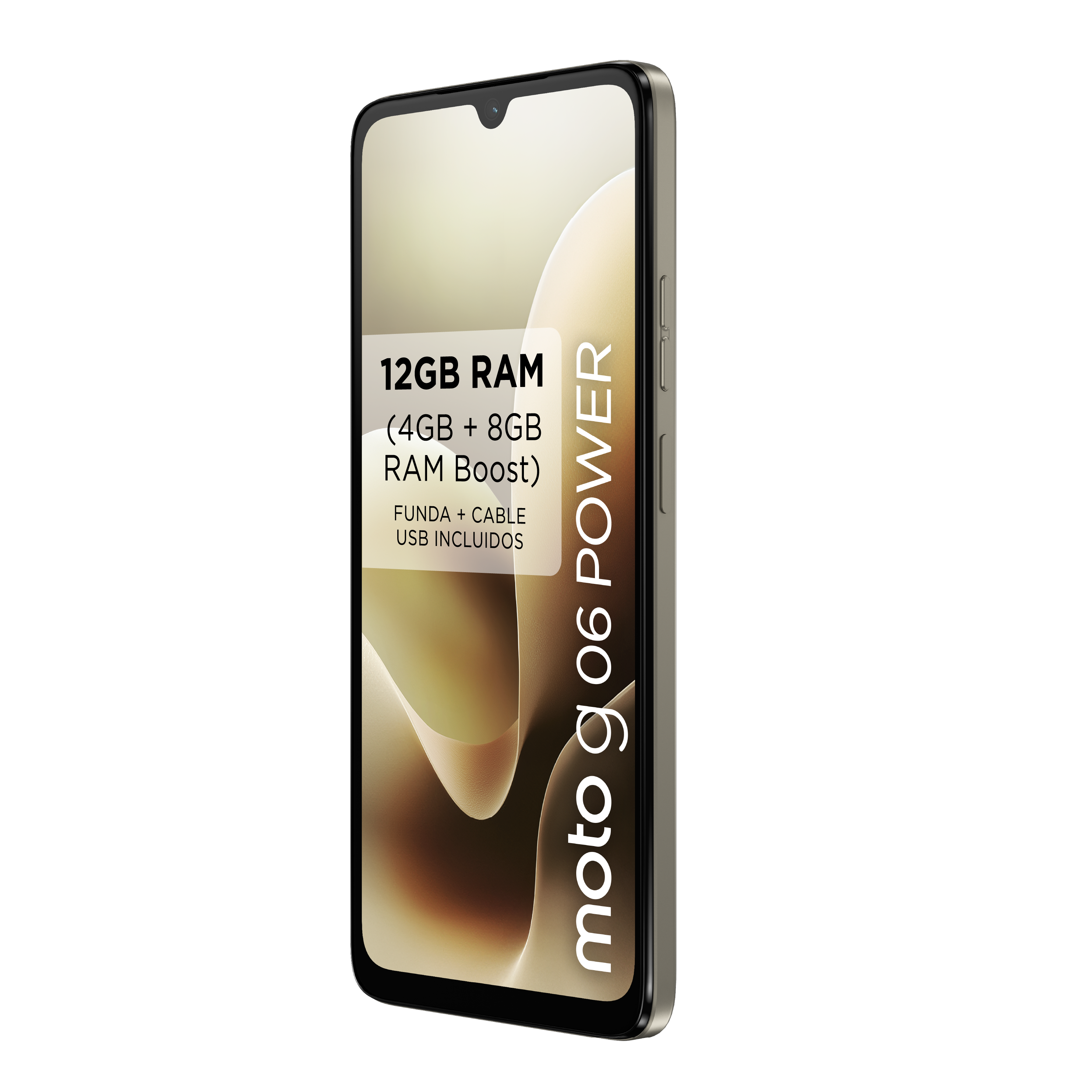 Un smartphone, moto g06 POWER, se muestra en ángulo. Tiene una pantalla con detalles de RAM y un fondo blanco.