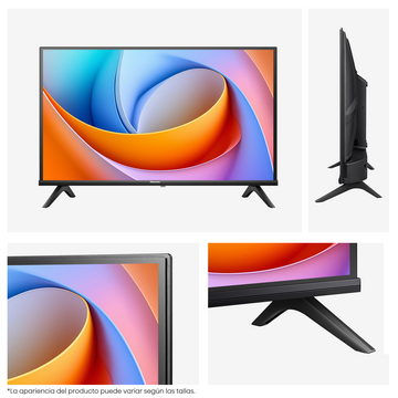 Un televisor Hisense muestra una imagen abstracta colorida. El televisor tiene bordes y patas negras. Se muestran diferentes vistas.