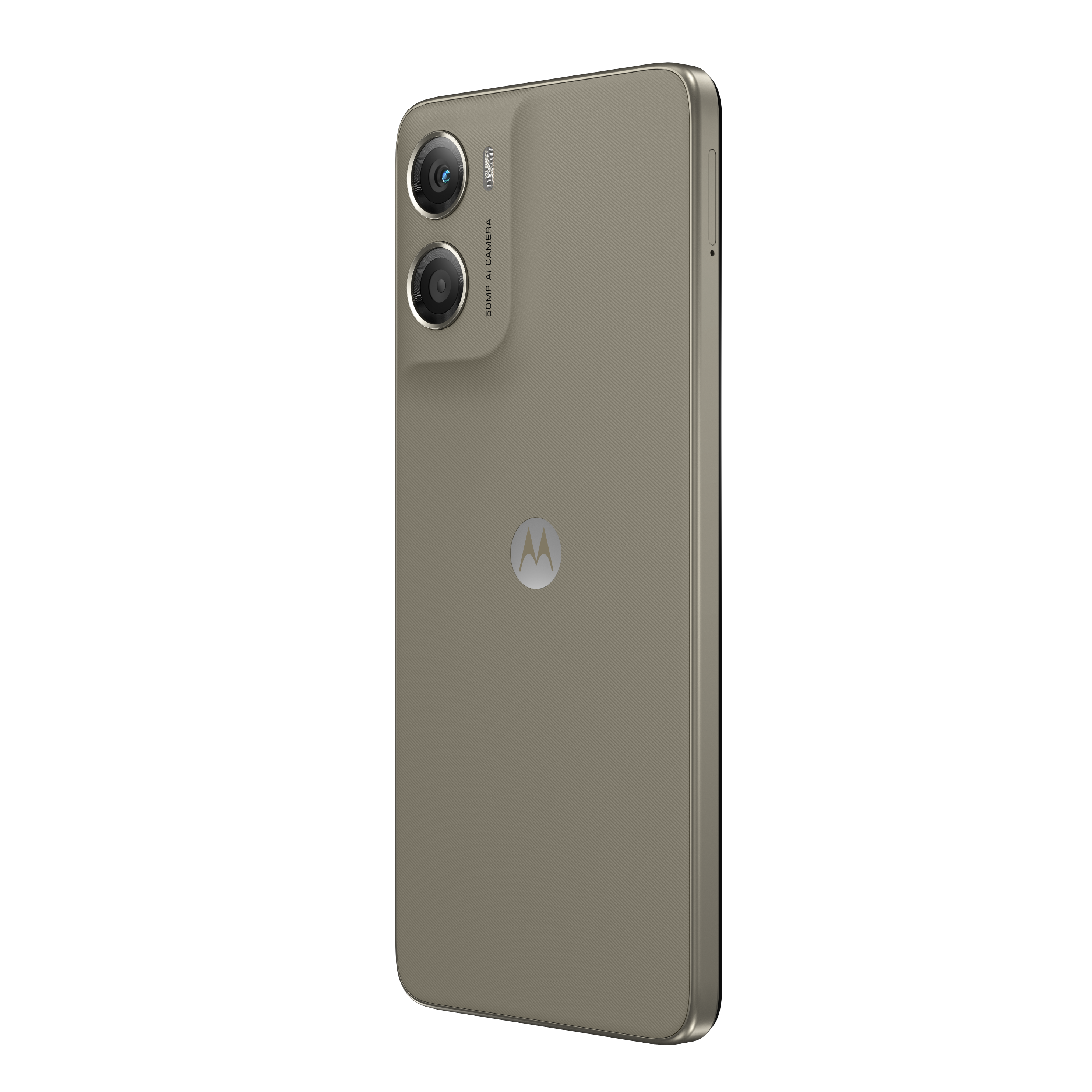 Un smartphone con parte trasera marrón claro, dos cámaras y el logotipo de Motorola. Sobre fondo blanco.