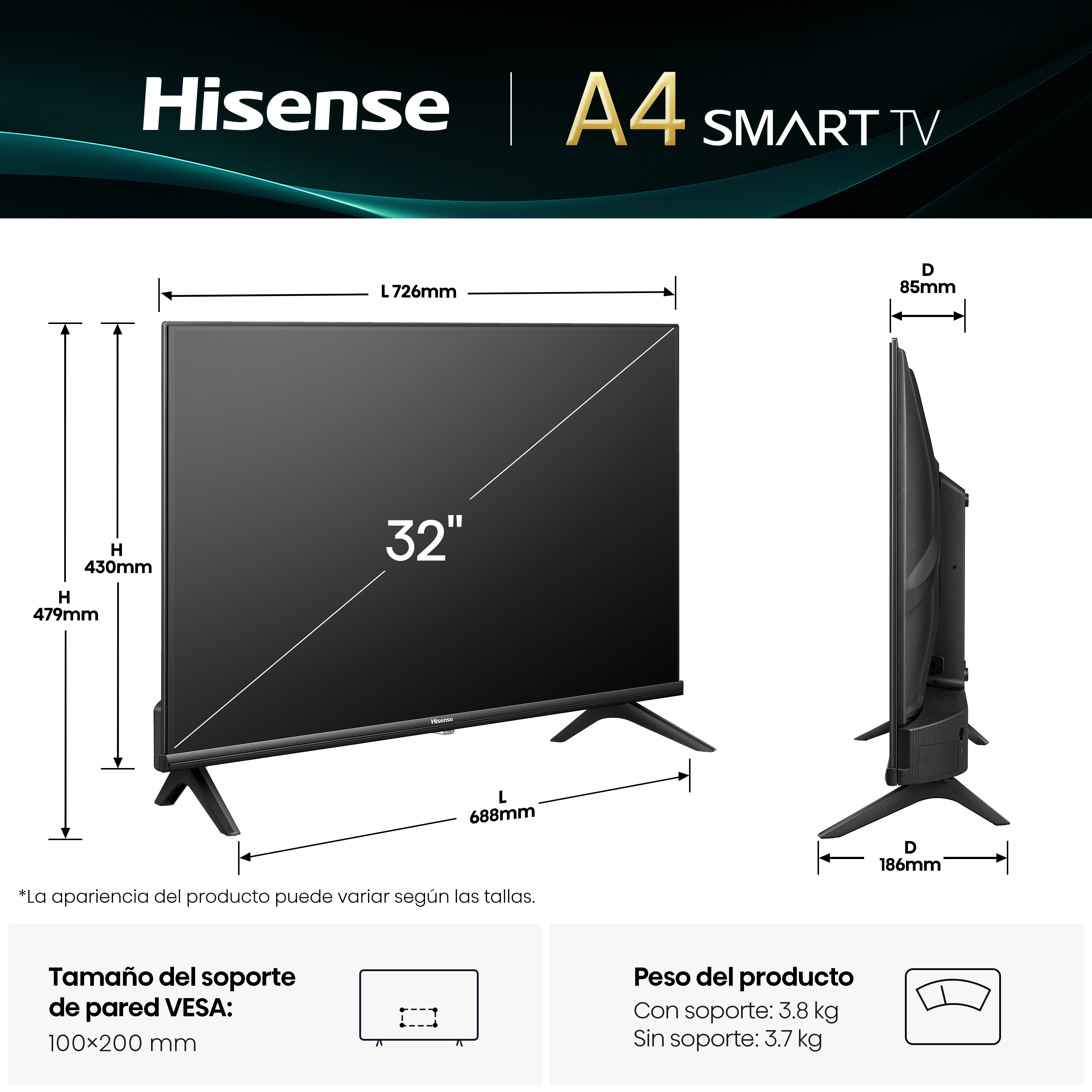 Un televisor inteligente Hisense A4. Es una pantalla de 32 pulgadas. Se enumeran las dimensiones y el peso, junto con el tamaño del montaje VESA.