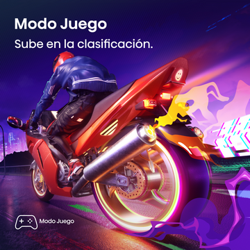 Modo Juego. Sube en la clasificación. Motocicleta futurista a toda velocidad con colores neón.