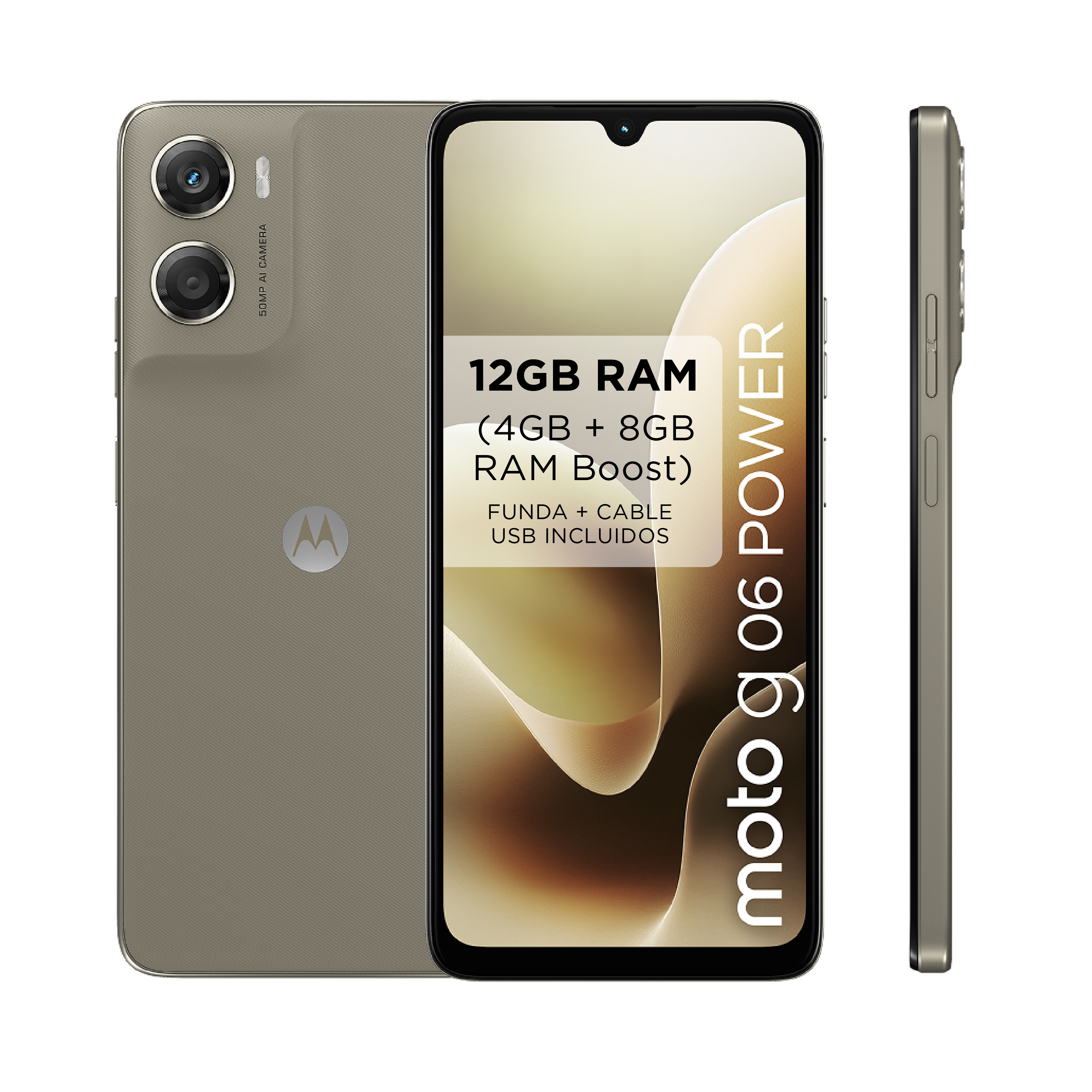 Smartphone Moto g06 Power, color gris. Pantalla muestra especificaciones de 12GB RAM. Vista lateral muestra botones. Fondo blanco.