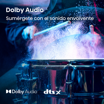 Dolby Audio. Sumérgete con el sonido envolvente. Logos Dolby Audio y dts:X sobre tambor en acción.