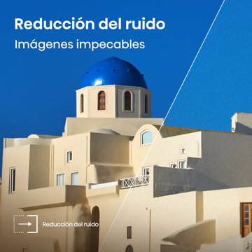 Reducción del ruido. Imágenes impecables. Comparativa antes/después de edificio blanco con cúpula azul.