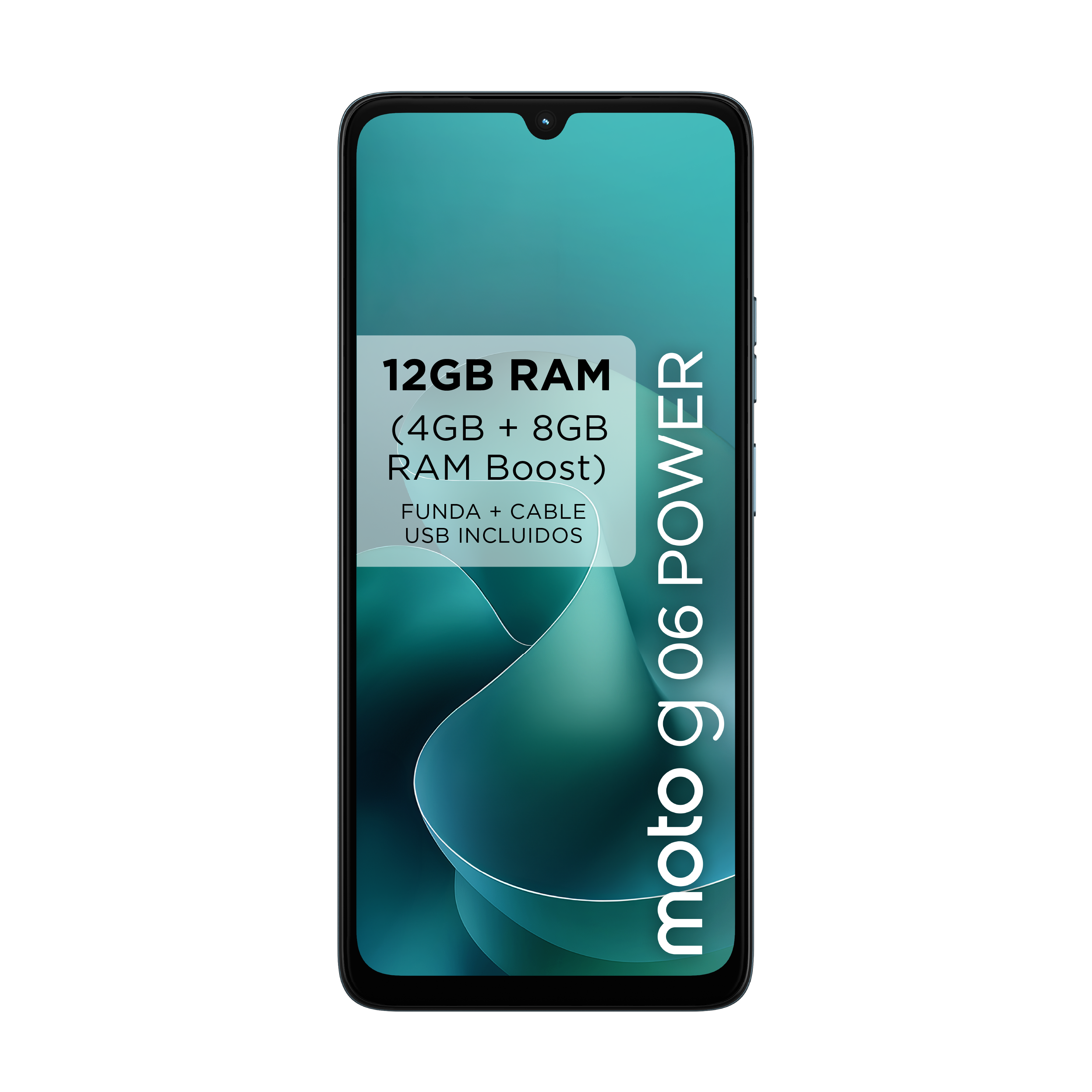 Un smartphone con texto en la pantalla. El teléfono es negro, con las palabras 'moto g 06 POWER'.