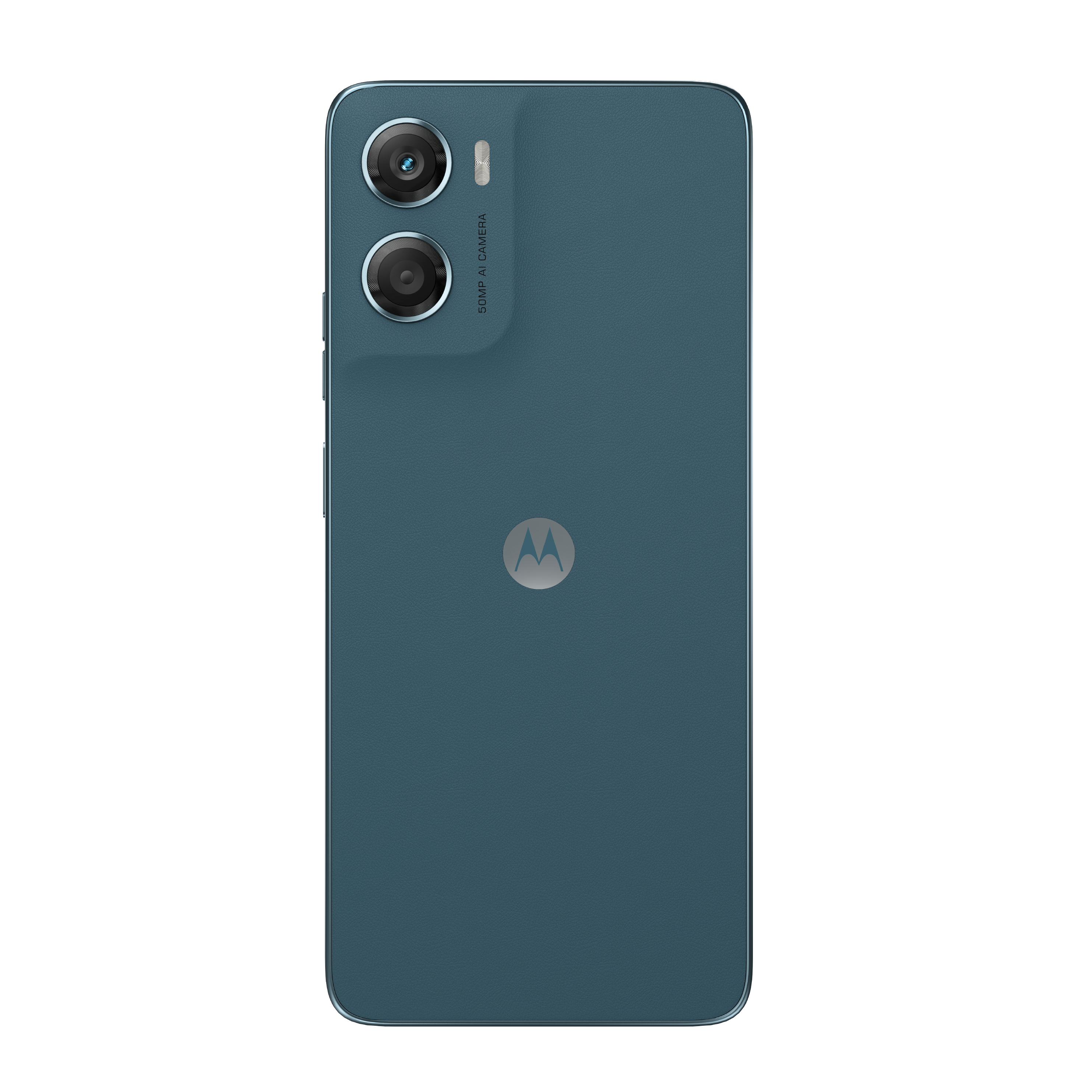 La parte trasera de un teléfono inteligente verde azulado con dos cámaras, un flash y el logotipo de Motorola. Fondo blanco.