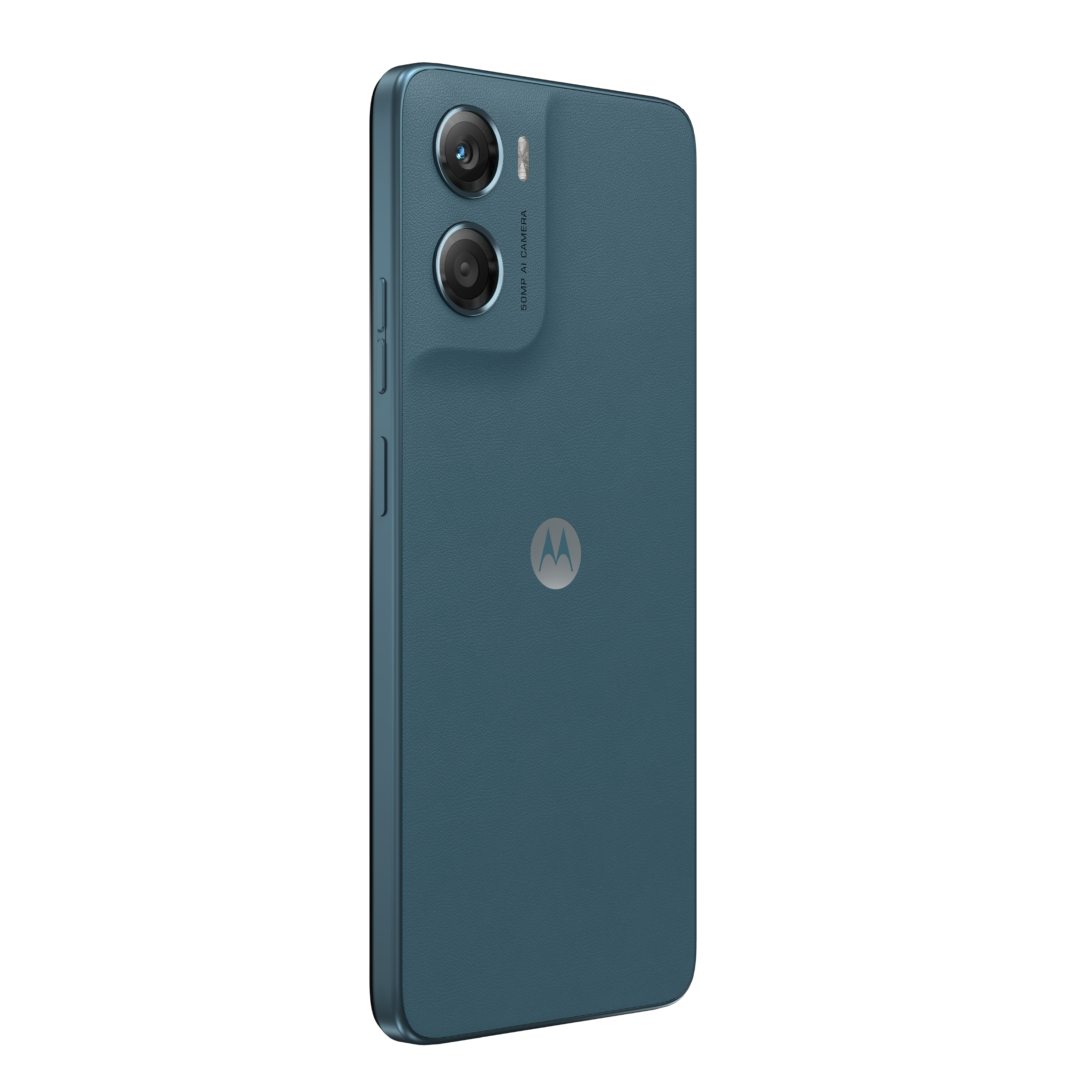 Parte trasera de un smartphone Motorola turquesa. Tiene cámaras duales, un logo y botones. Sobre fondo blanco.