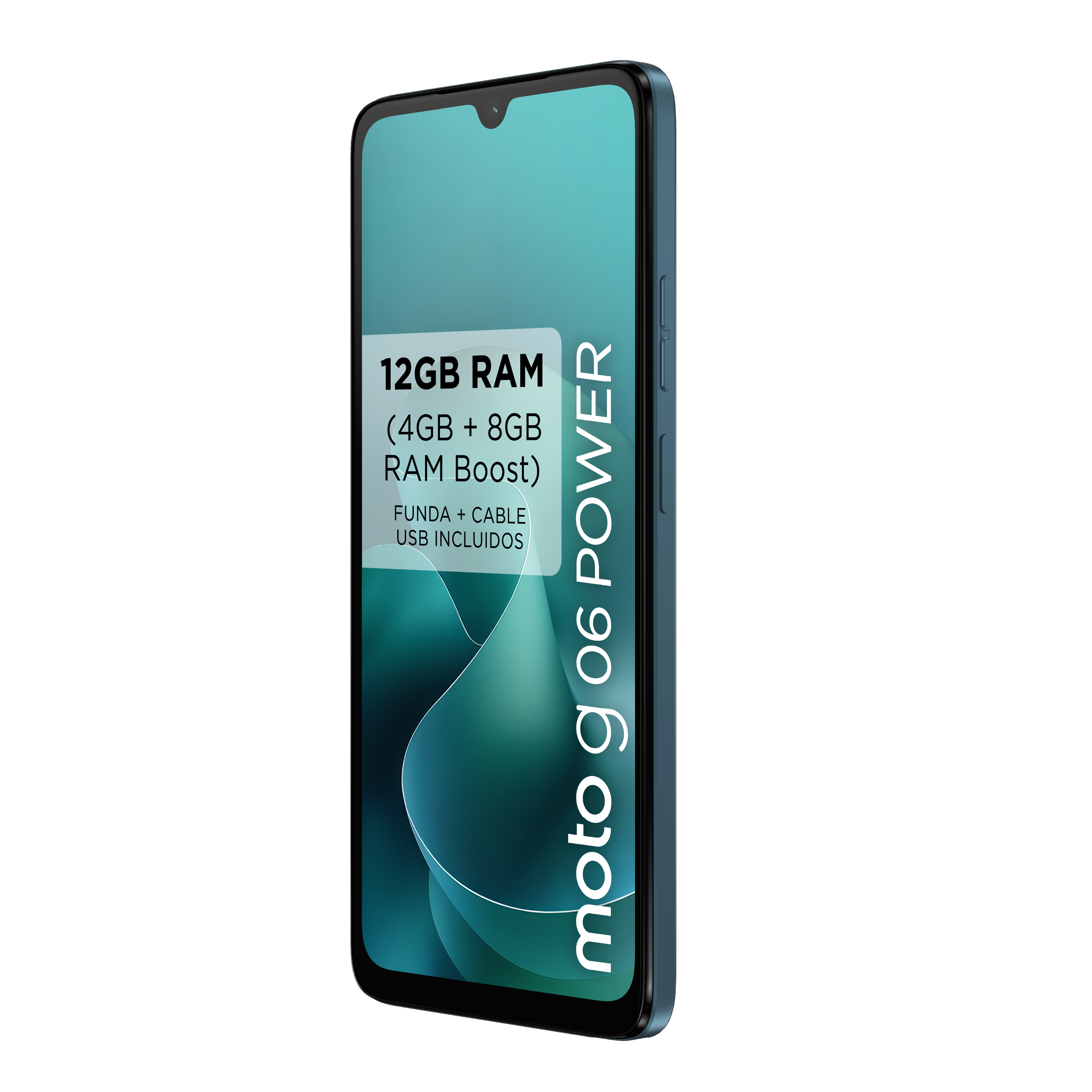 Un teléfono azul Moto G06 Power. La pantalla muestra las especificaciones de RAM y el nombre del teléfono.