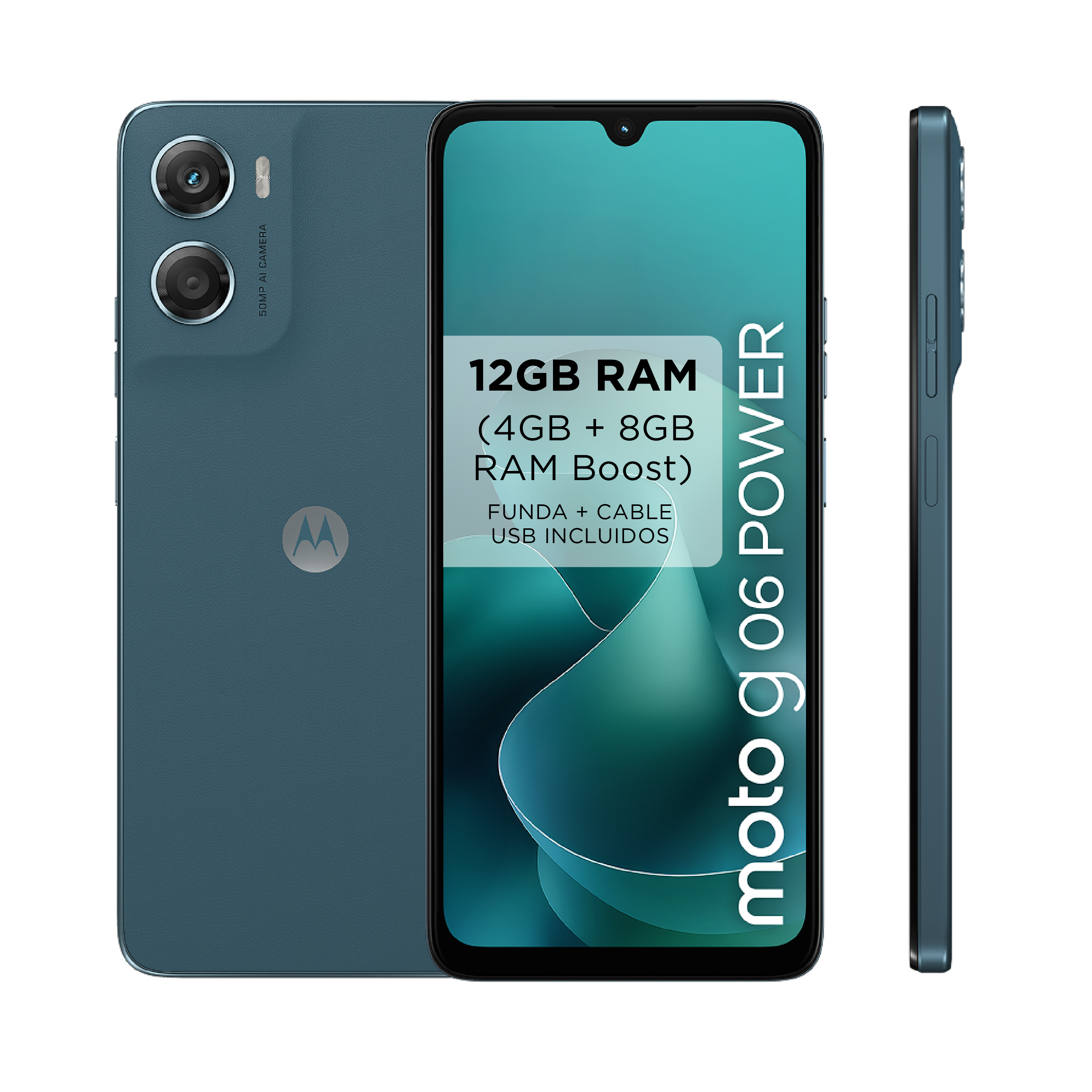 Un smartphone turquesa, con pantalla mostrando '12GB RAM'. La vista lateral muestra botones. Es un Moto g06 Power.