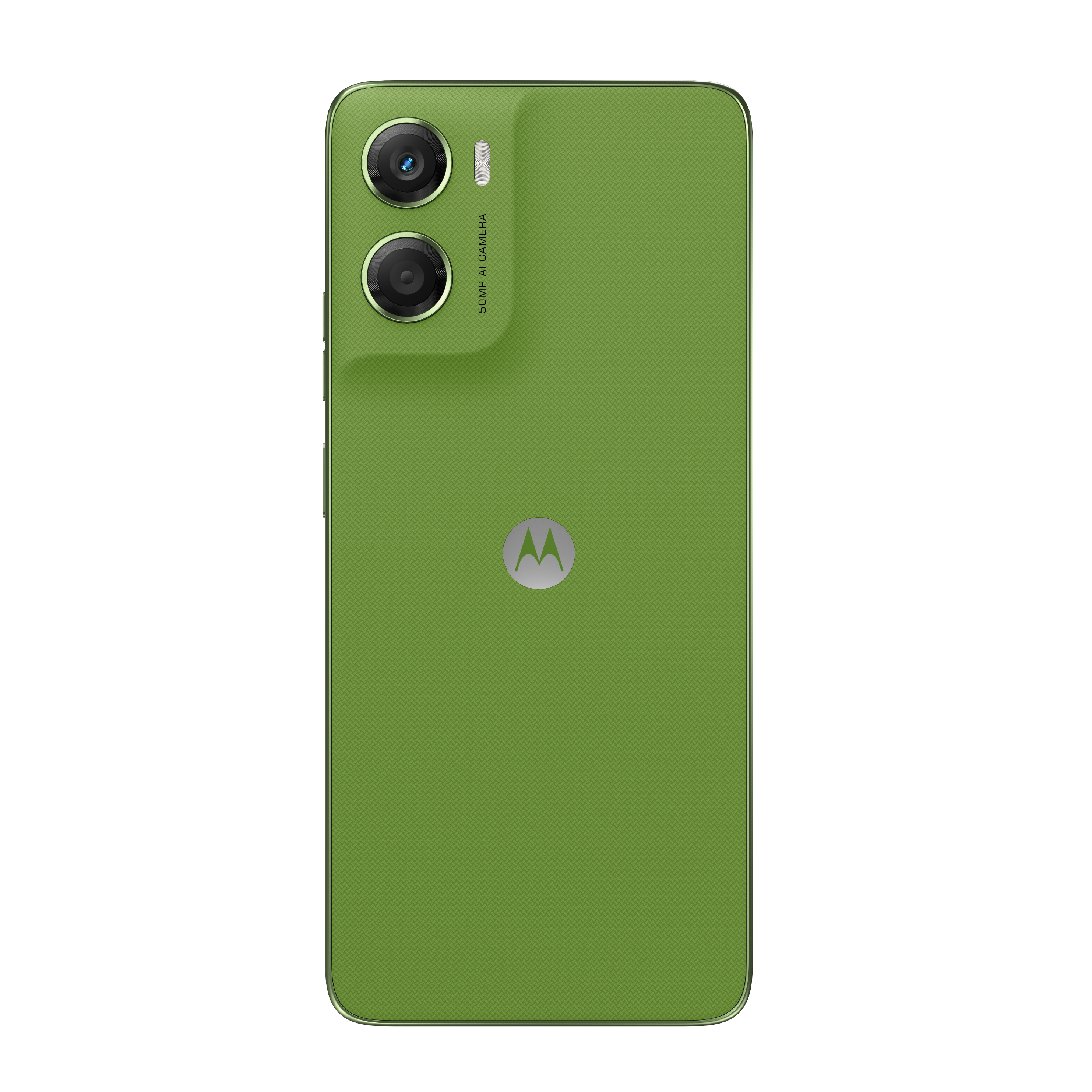 Vista trasera de un smartphone verde. Cámara dual, logo Motorola y parte trasera texturizada. Fondo blanco.