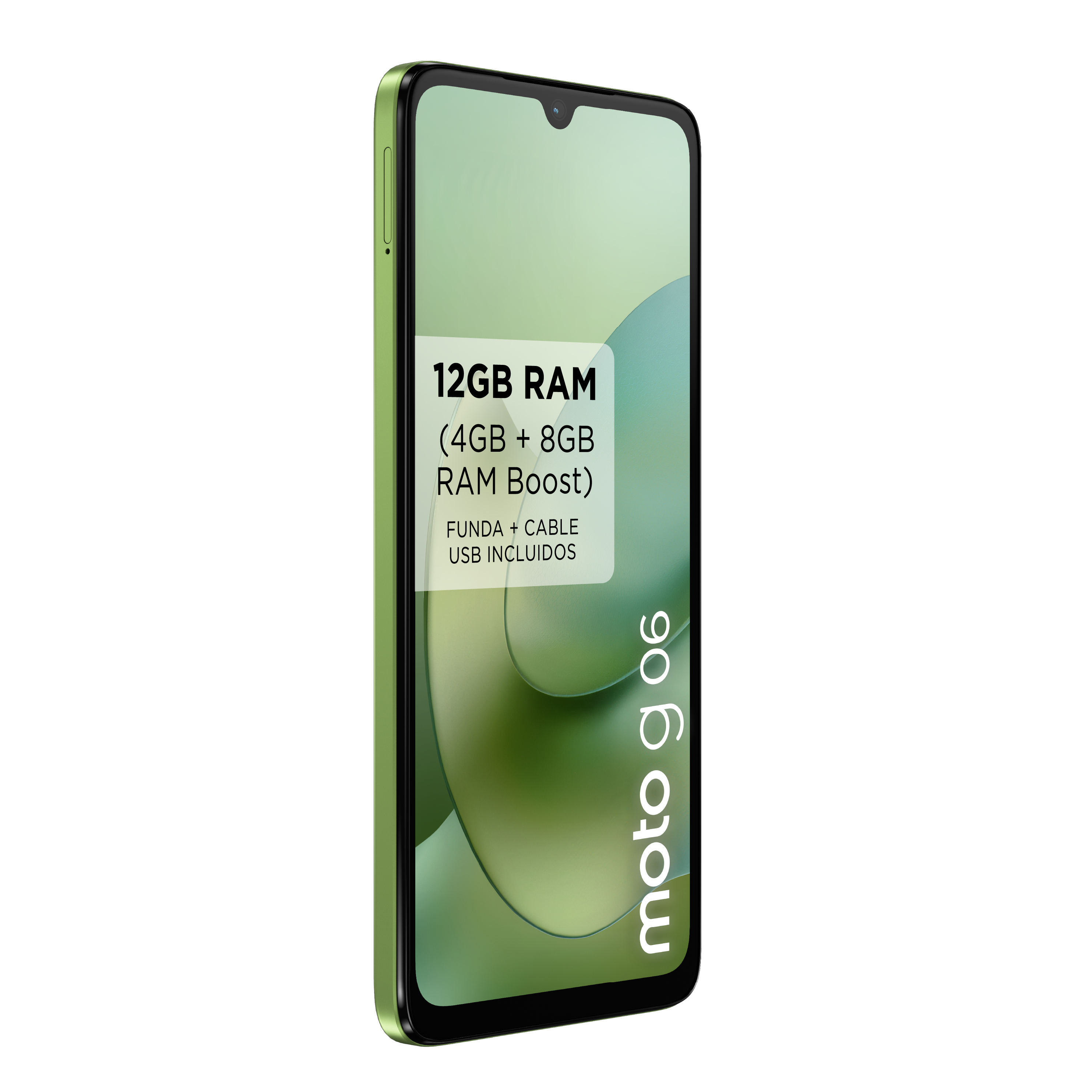 Un smartphone verde con una pantalla que muestra texto sobre RAM. El teléfono tiene un borde de pantalla negro y está sobre un fondo blanco.