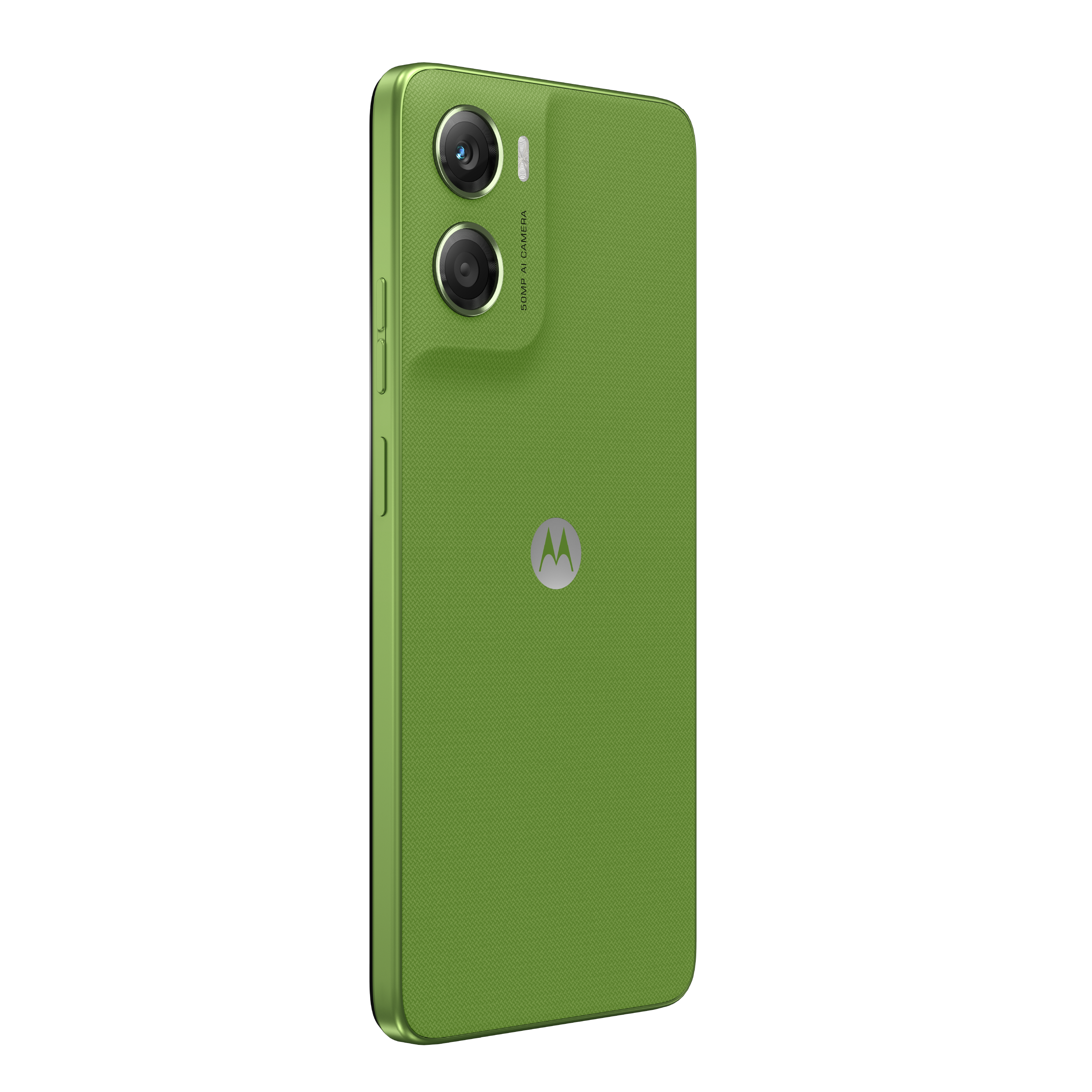 Parte trasera de un teléfono inteligente Motorola verde. Tiene una cámara con dos lentes y el logotipo de Motorola. El teléfono está texturizado.