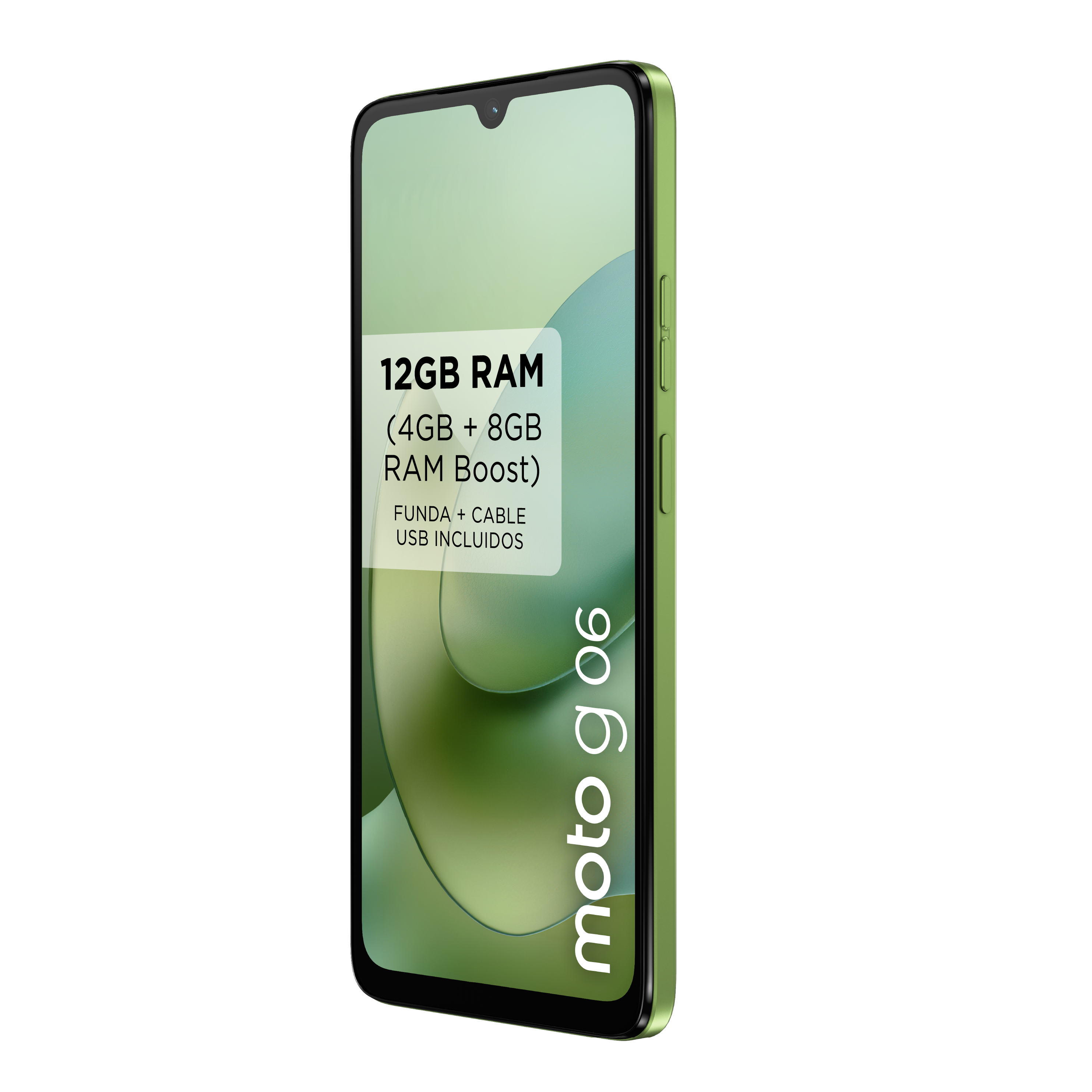 Un smartphone verde Moto g06. La pantalla muestra 12 GB RAM, (4 GB + 8 GB RAM Boost), una funda y cable USB.