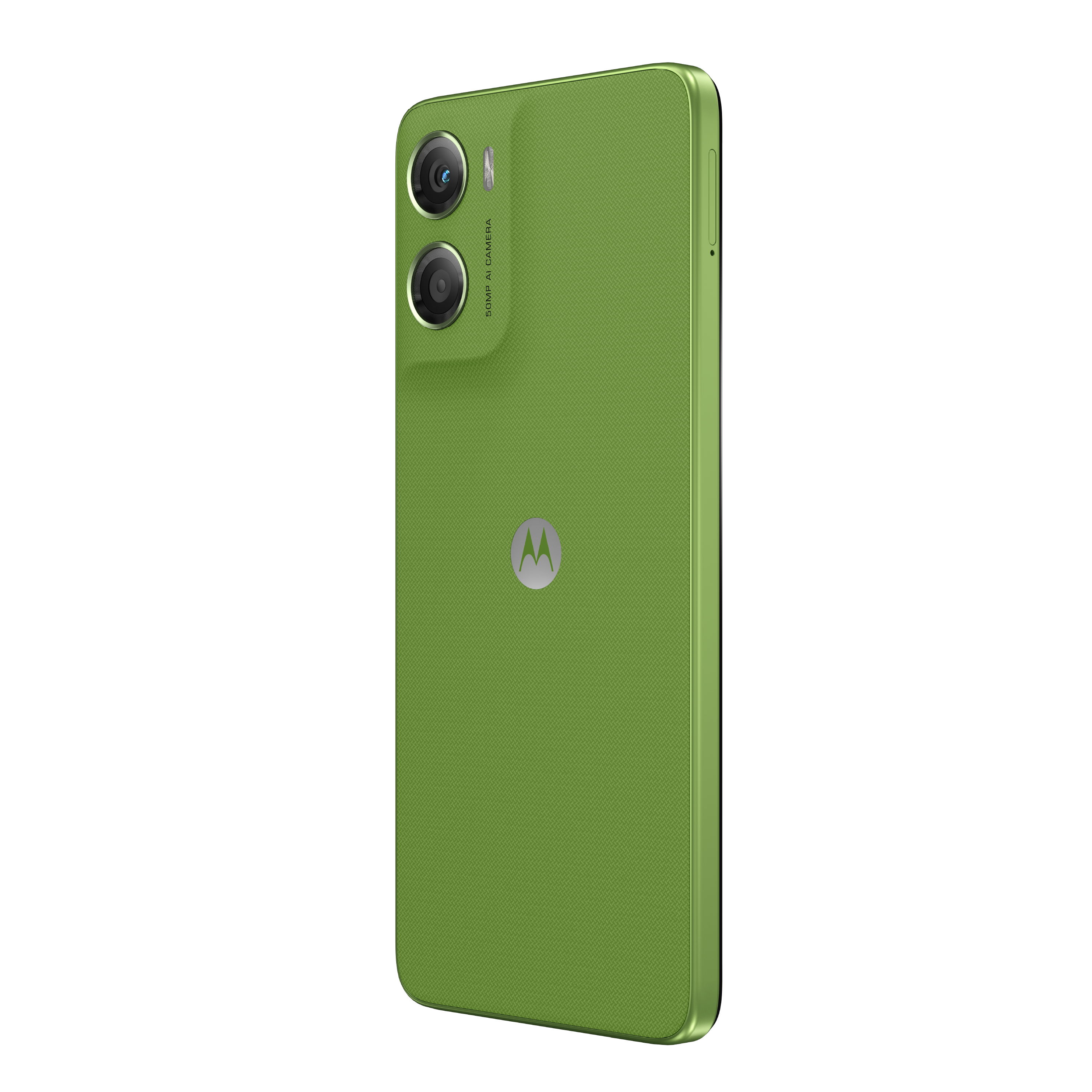 Parte trasera de smartphone verde con cámara, logotipo y superficie texturizada. El teléfono está en ángulo.