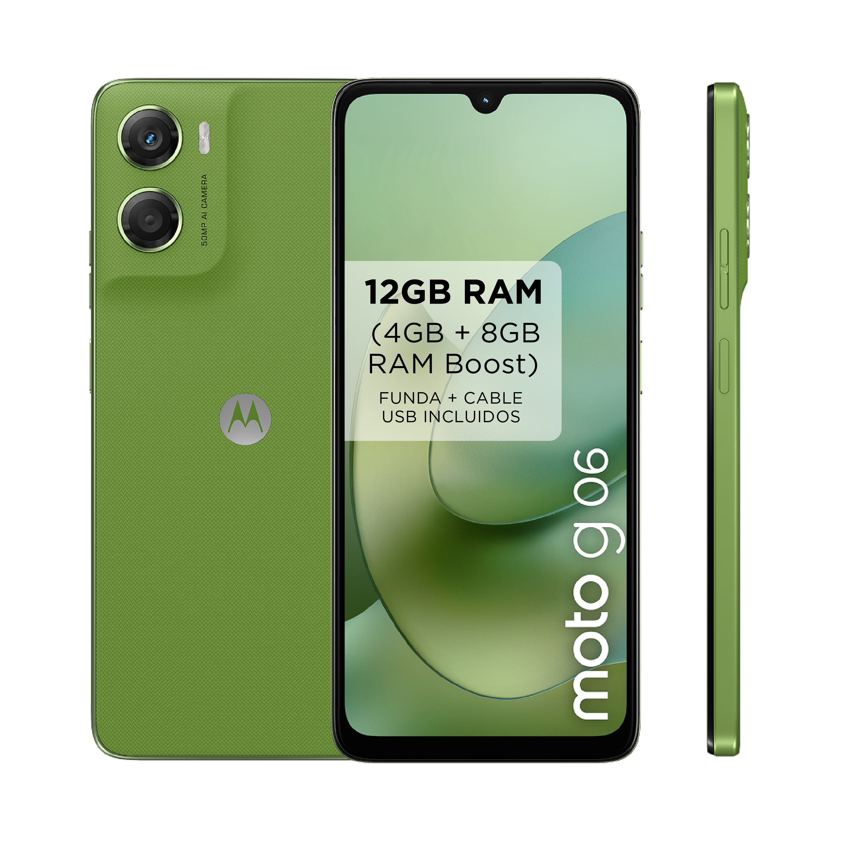 Smartphone verde Moto g06. Incluye cámara dual, 12GB RAM y pantalla con especificaciones. Vista lateral visible.