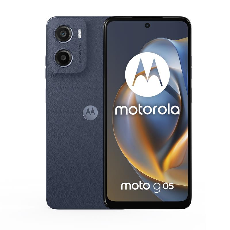 Un smartphone Motorola Moto G05 azul oscuro. El teléfono muestra el logotipo y el texto de Motorola. La parte trasera del teléfono tiene dos cámaras.