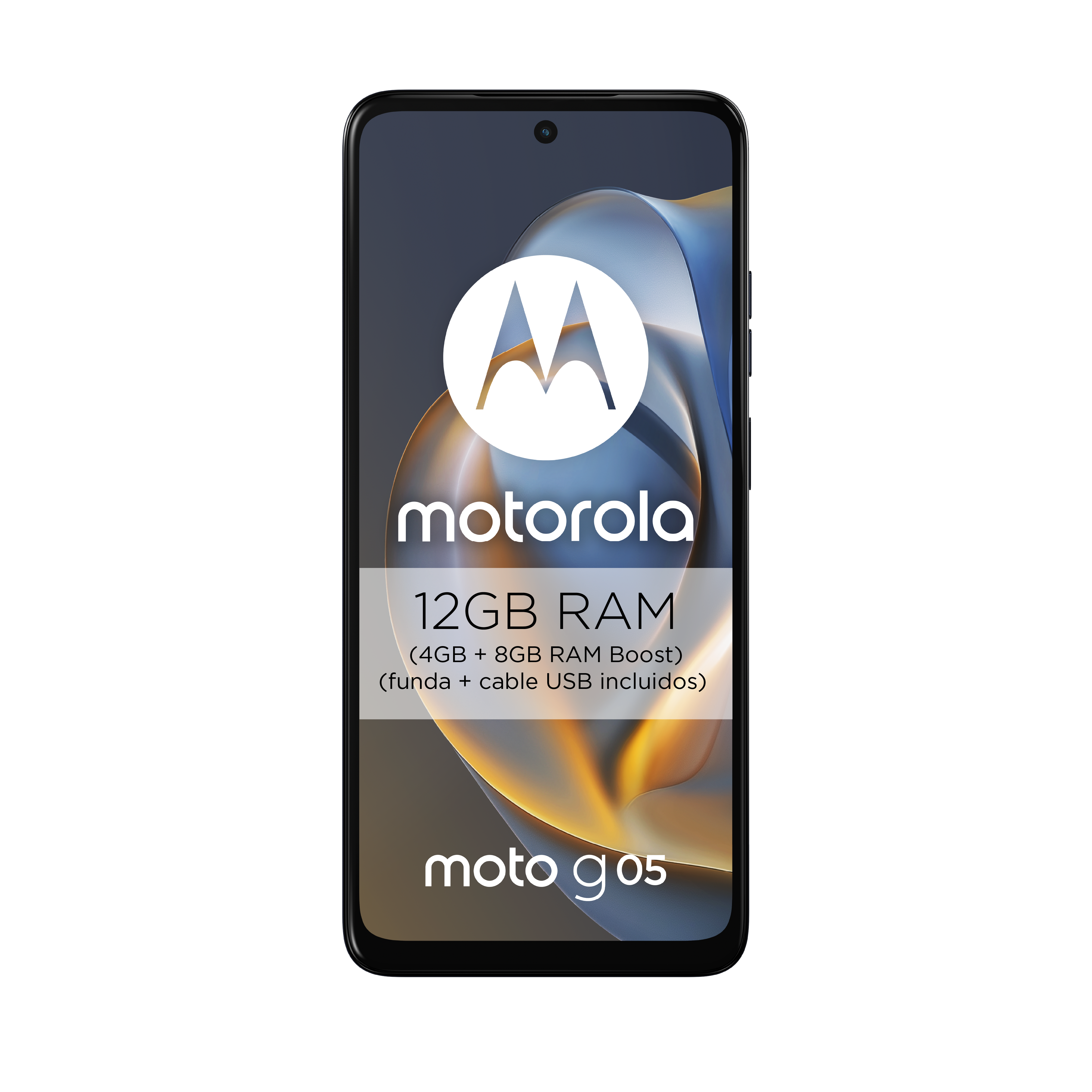 Smartphone Motorola Moto G05. La pantalla muestra el logotipo de la marca, información de RAM y el nombre del modelo sobre un fondo degradado.