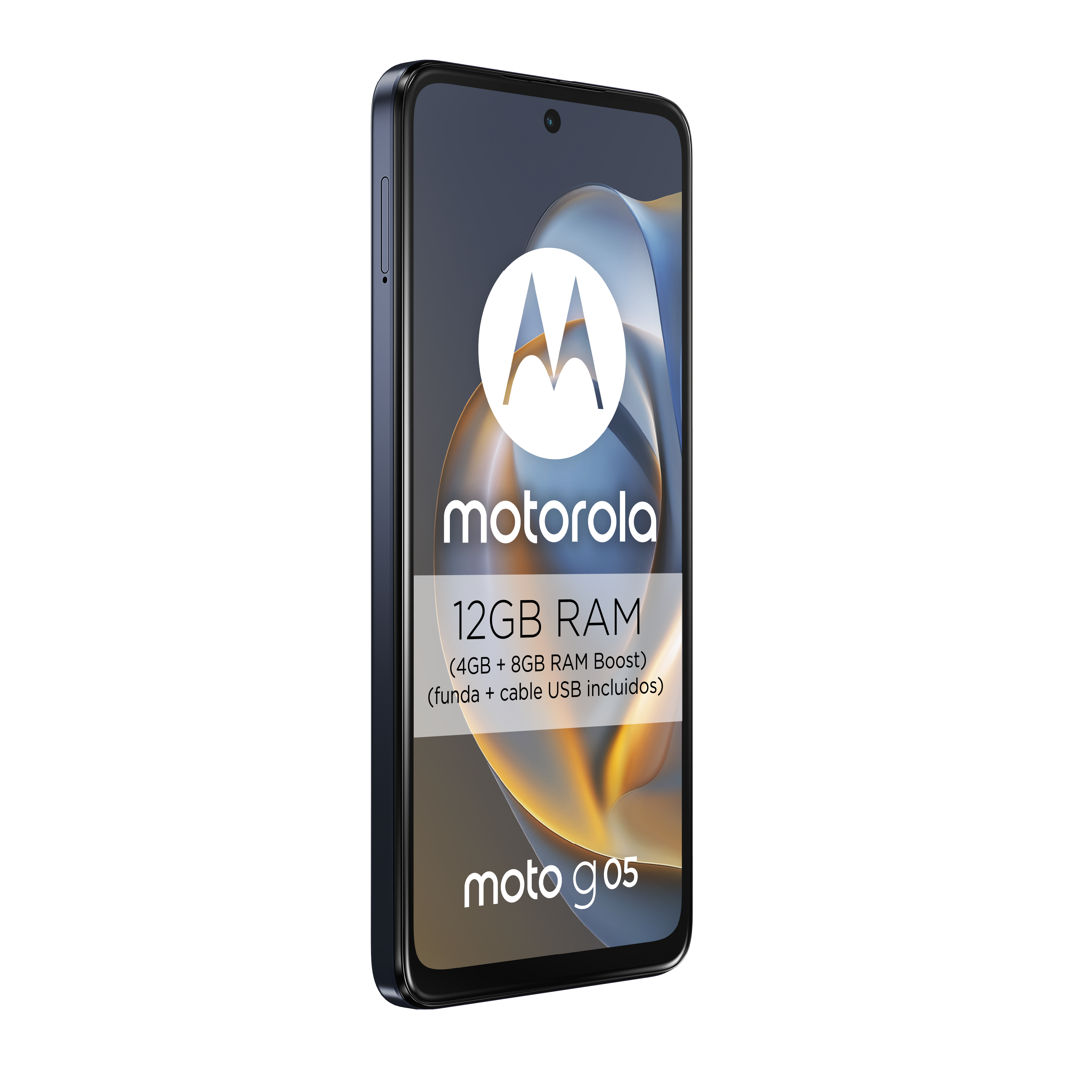 Un smartphone Motorola Moto g05 sobre un fondo negro. La pantalla muestra el logotipo de Motorola y especificaciones.