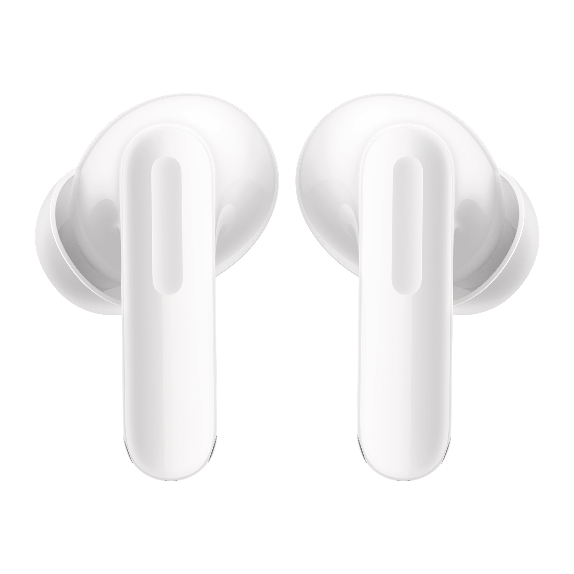 Dos auriculares inalámbricos blancos, inclinados uno hacia el otro, sobre un fondo blanco.