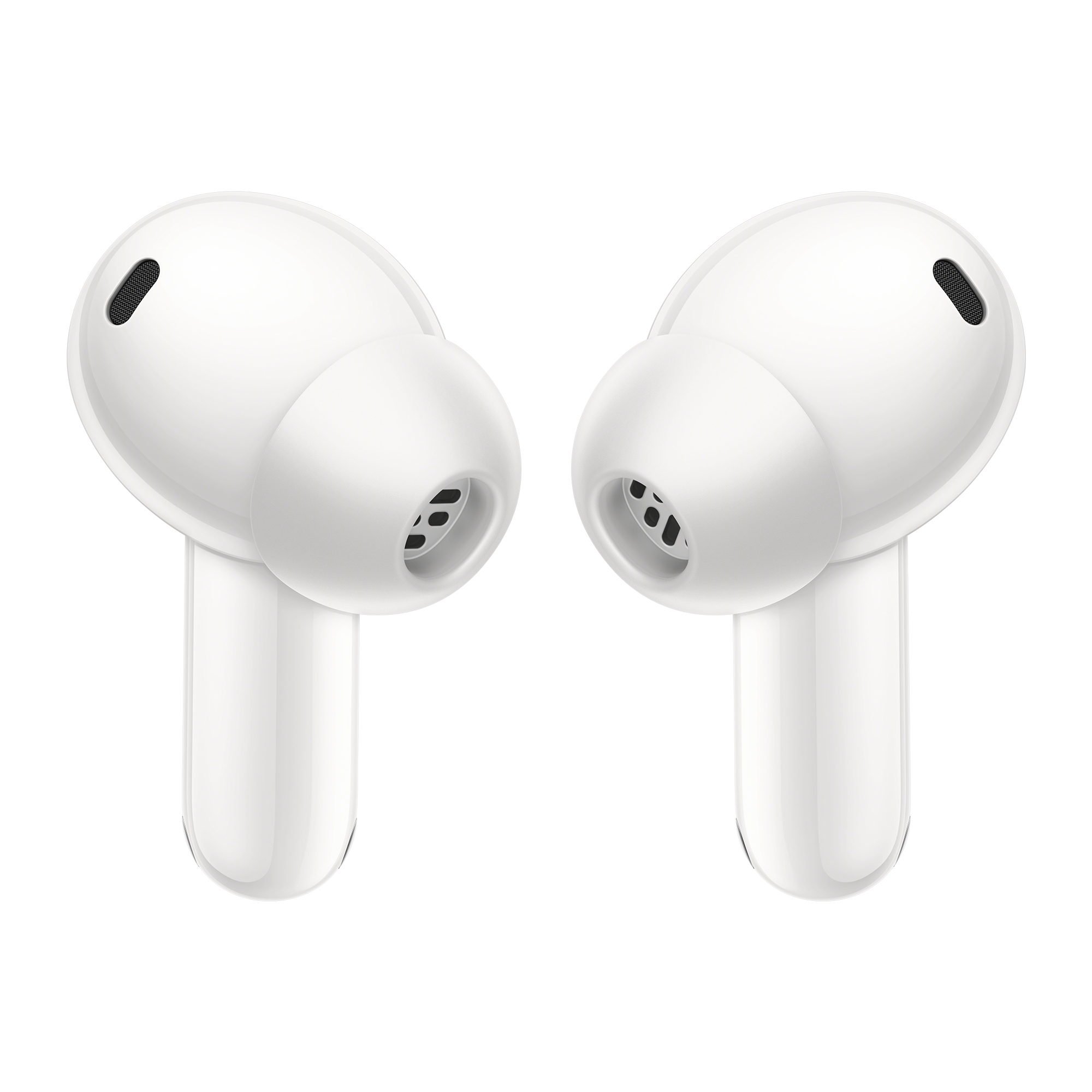 Dos auriculares inalámbricos blancos, en ángulo. Cada uno tiene un capullo redondeado y un tallo. Fondo blanco.
