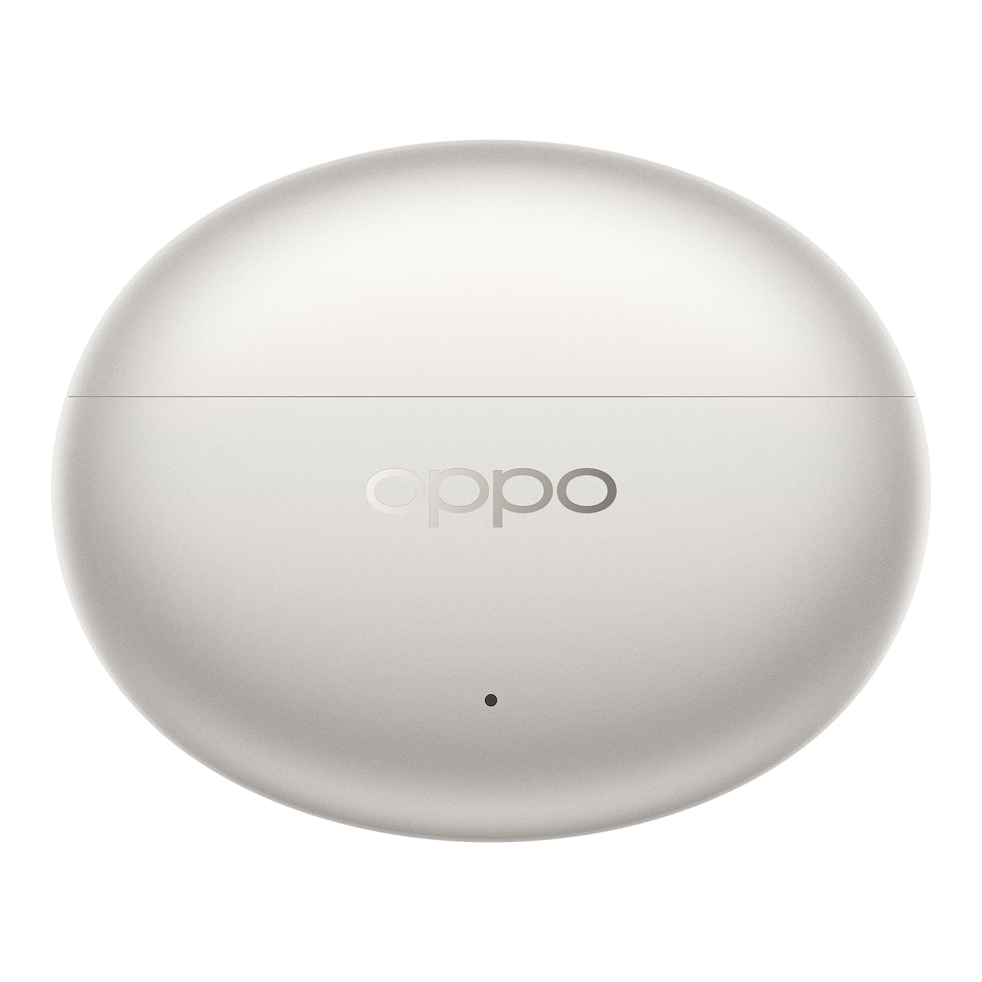 Estuche blanco para auriculares Oppo, vista superior. El logotipo de Oppo está en el medio. Un pequeño punto negro en la parte inferior.