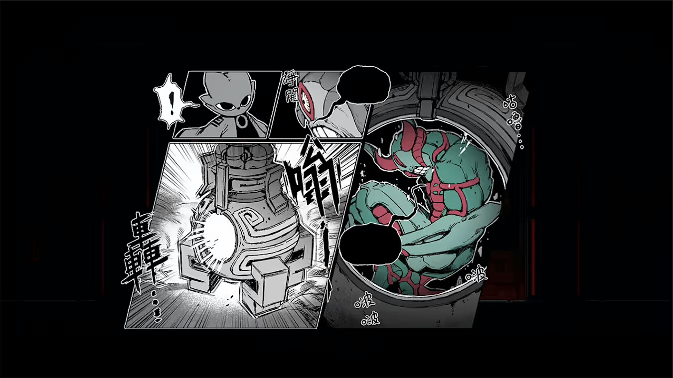 Panel de cómic con figuras alienígenas y máquina. Un alien está dentro de una máquina. Otro observa. Líneas audaces y bocadillos.