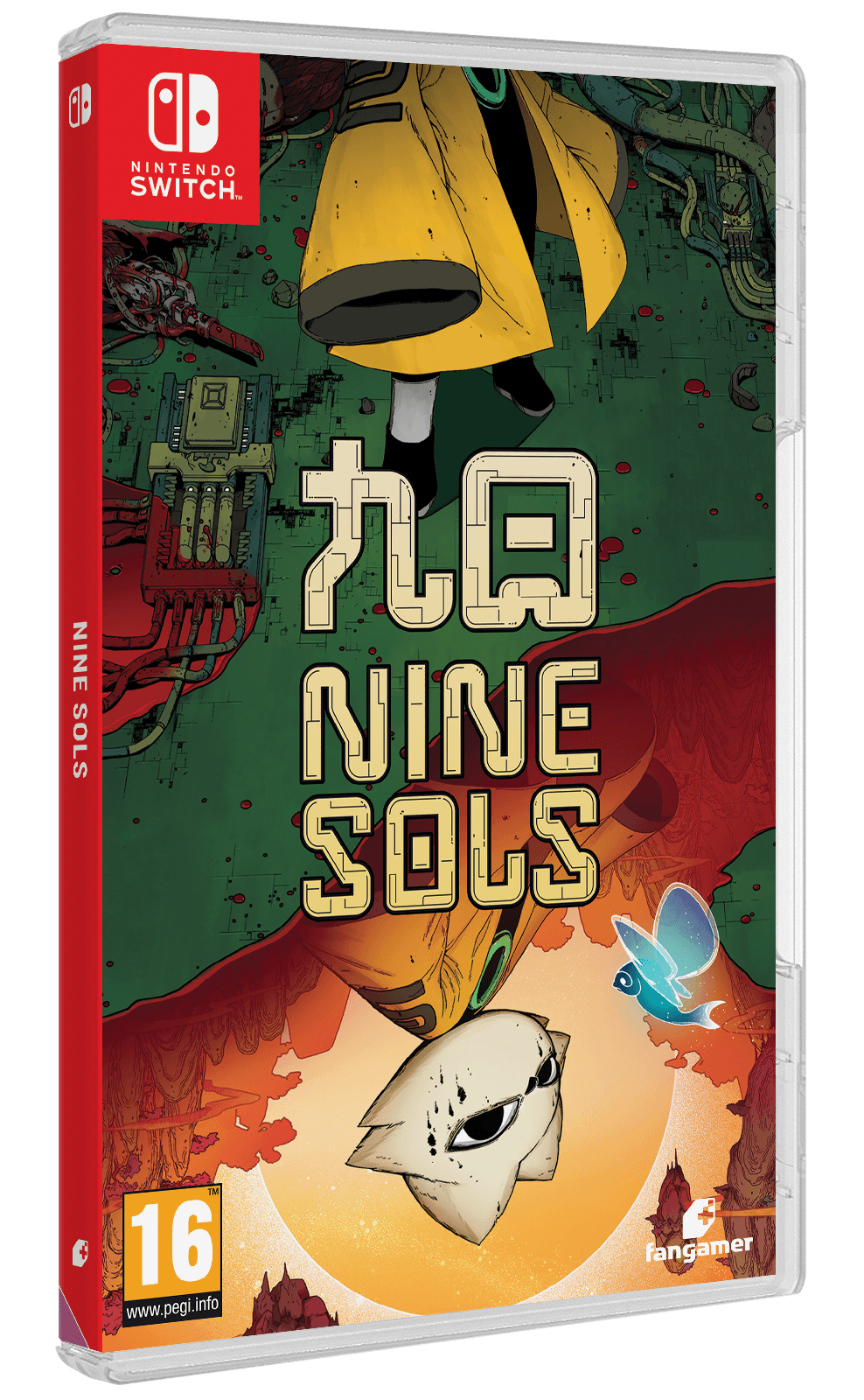 Caja de juego de Nintendo Switch. Título Nine Sols, con una figura con túnicas amarillas. El fondo es un paisaje verde y naranja.
