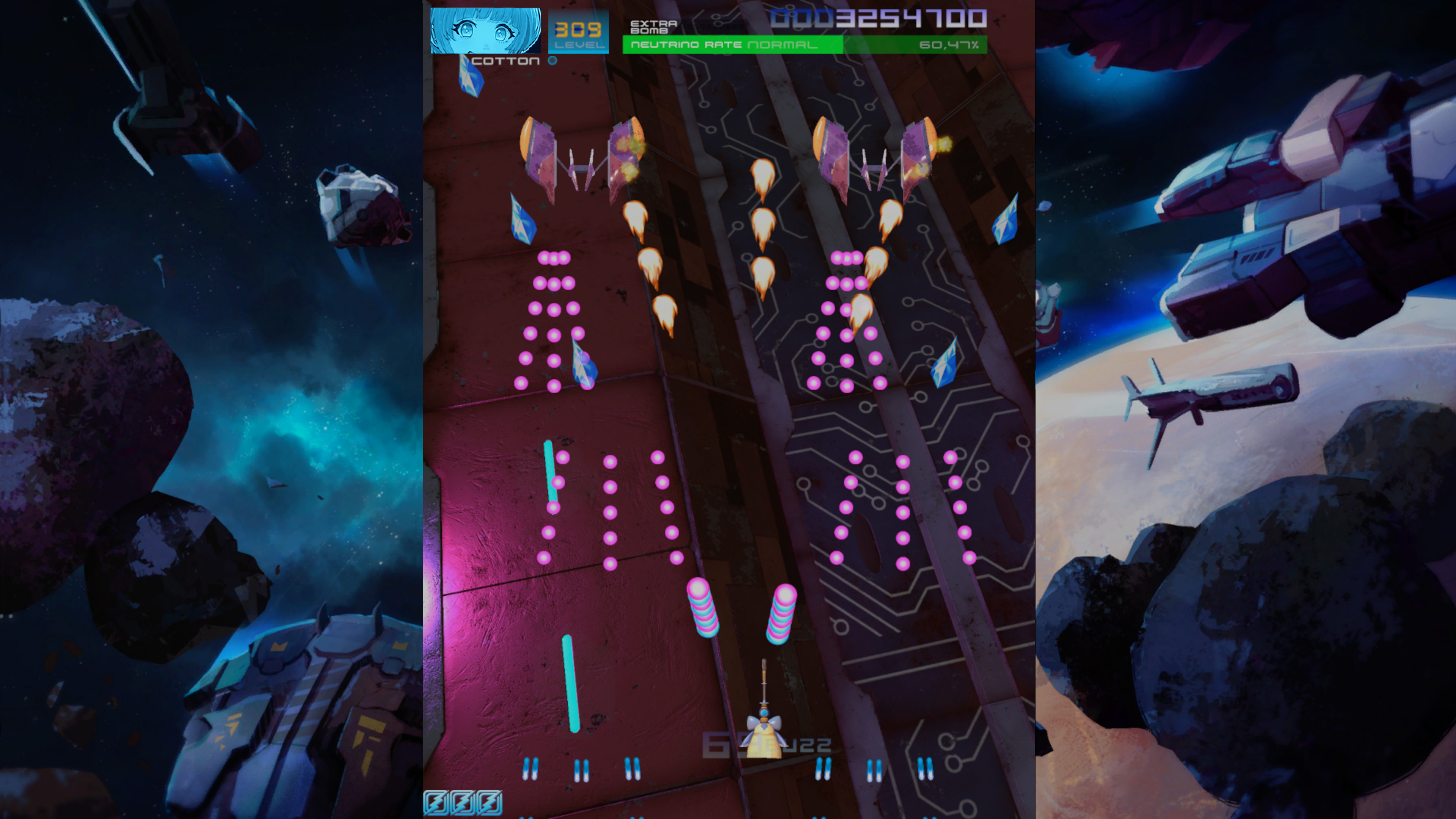 Pantalla de un juego de disparos espacial. Naves espaciales, asteroides y un área de juego central con enemigos disparando a la nave del jugador.