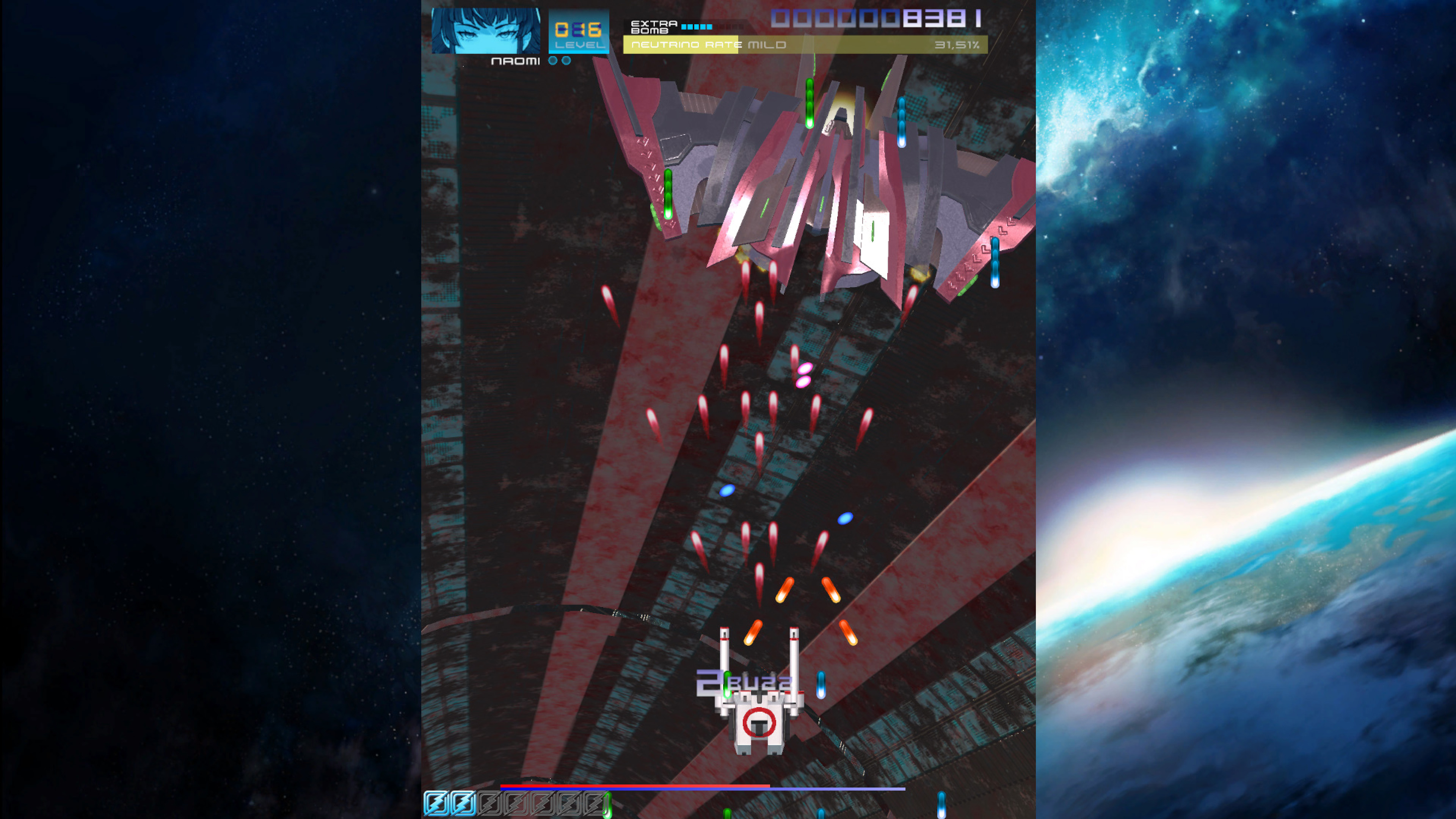 Un juego de disparos con una nave espacial disparando a enemigos. El fondo es el espacio con un planeta. Una nave dispara desde abajo.