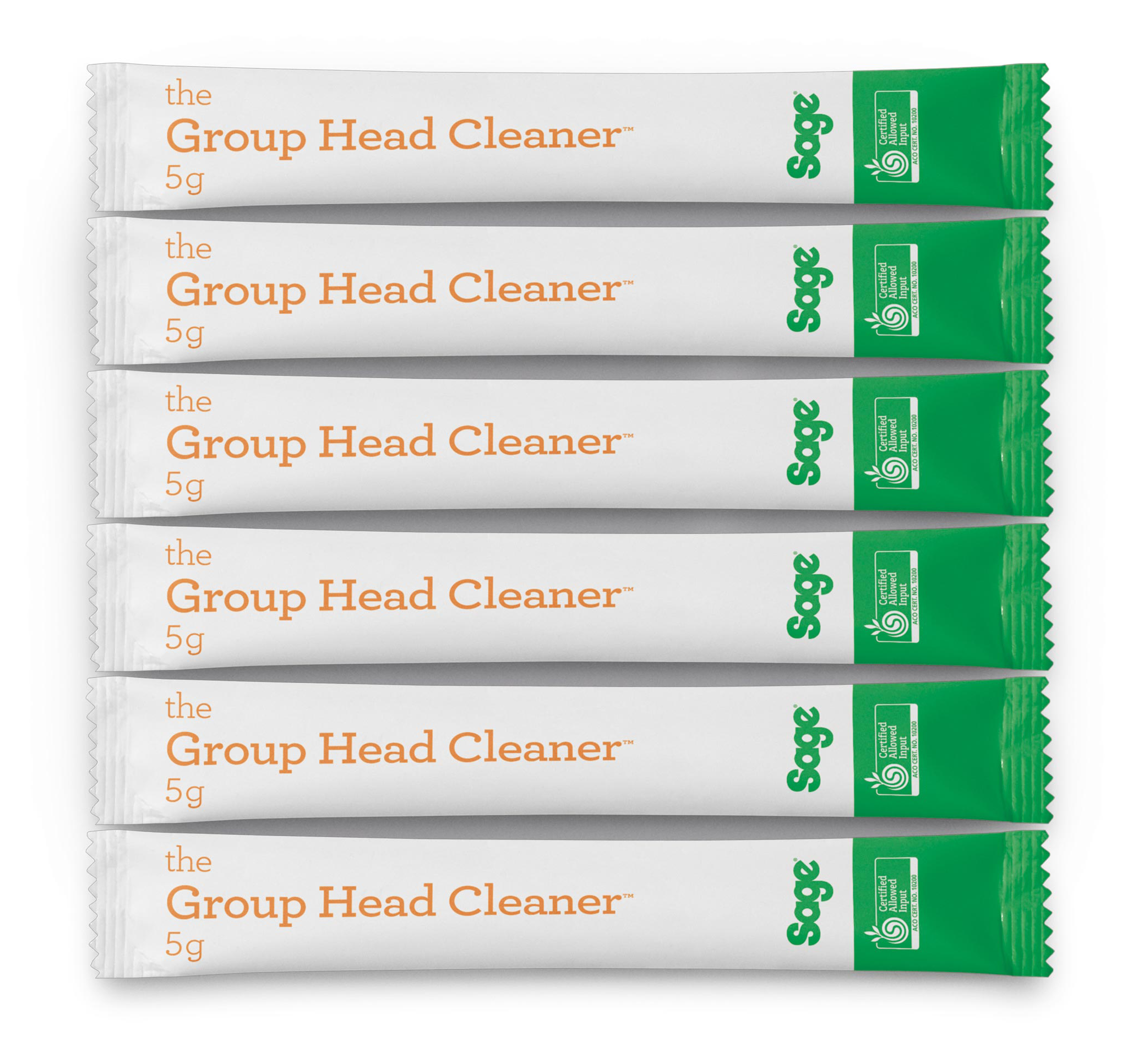 Hat fehér csomag 'Group Head Cleaner' zöld végekkel. Mindegyik csomagon a 'Sage' márka és egy tanúsító logó található.