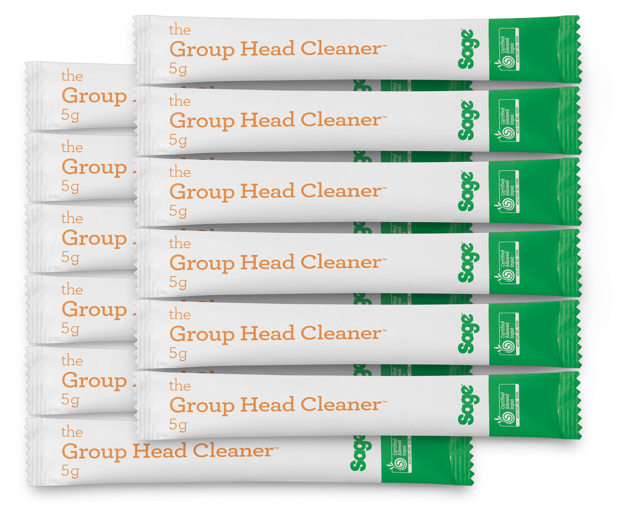 A képen a 'Group Head Cleaner' több csomagja látható. A csomagok fehérek, narancssárga szöveggel és zöld véggel, logóval.