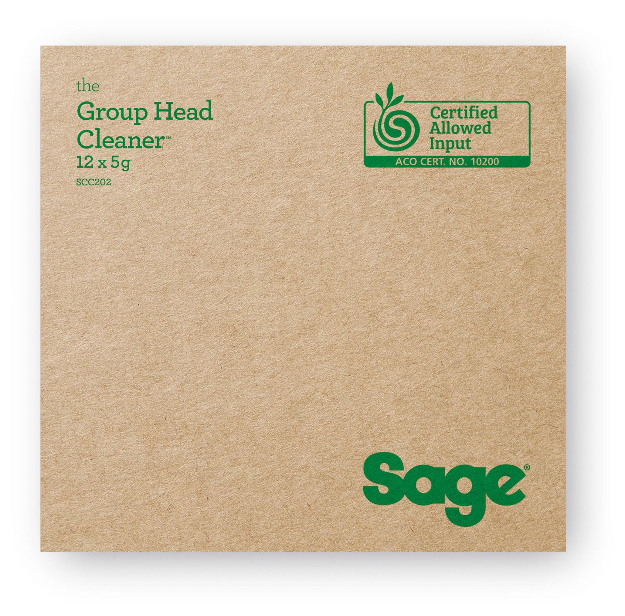 Kartondoboz zöld szöveggel: 'Group Head Cleaner', 12 x 5g, és 'Certified Allowed Input' logó. Sage logó.
