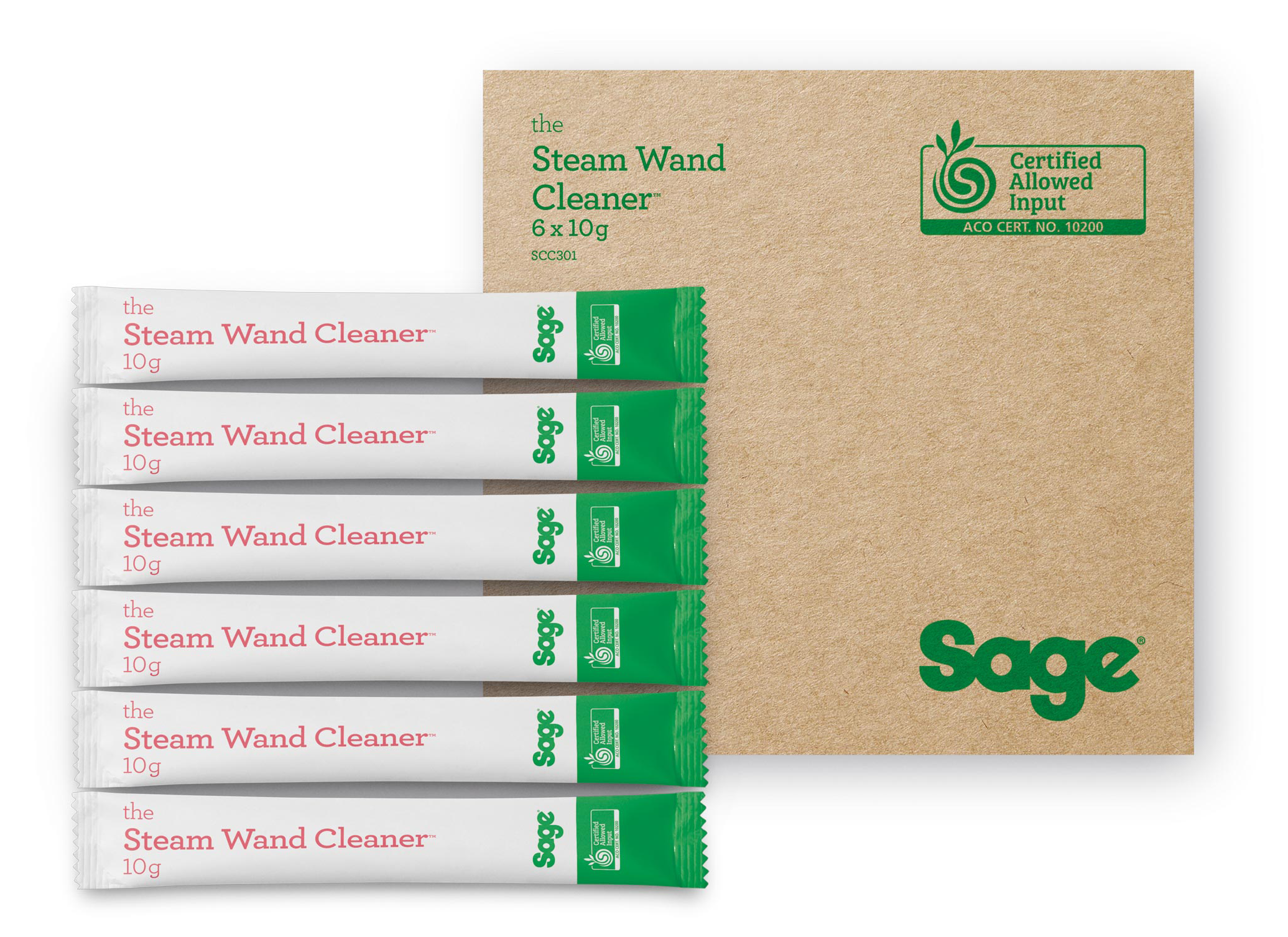 A képen Sage Steam Wand Cleaner csomagok láthatók, valamint egy barna kártya a Sage logóval és zöld címkével.