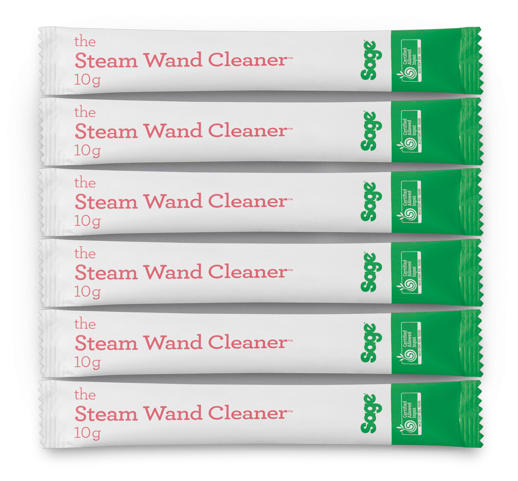 Hat fehér csomag piros 'Steam Wand Cleaner' felirattal és zöld véggel, 'Sage' logóval.