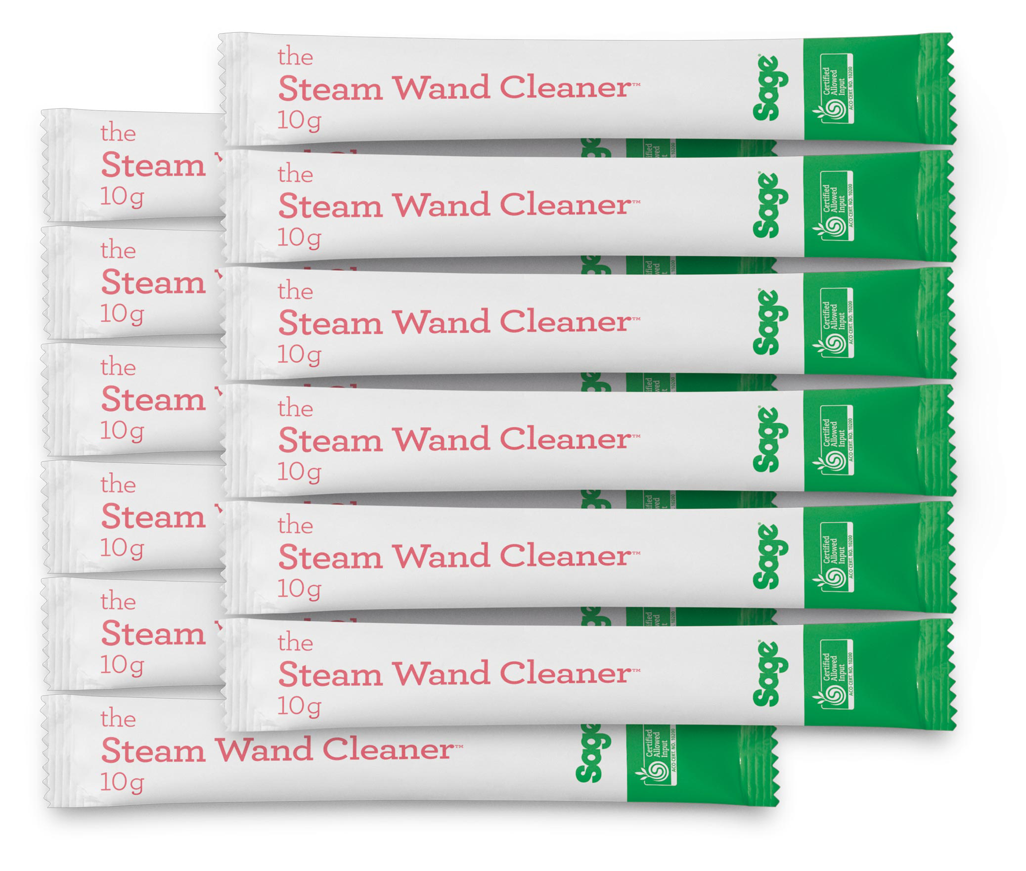 Több fehér csomag Steam Wand Cleaner, 10g, piros szöveggel, rácsba rendezve. Zöld végek Sage logóval.