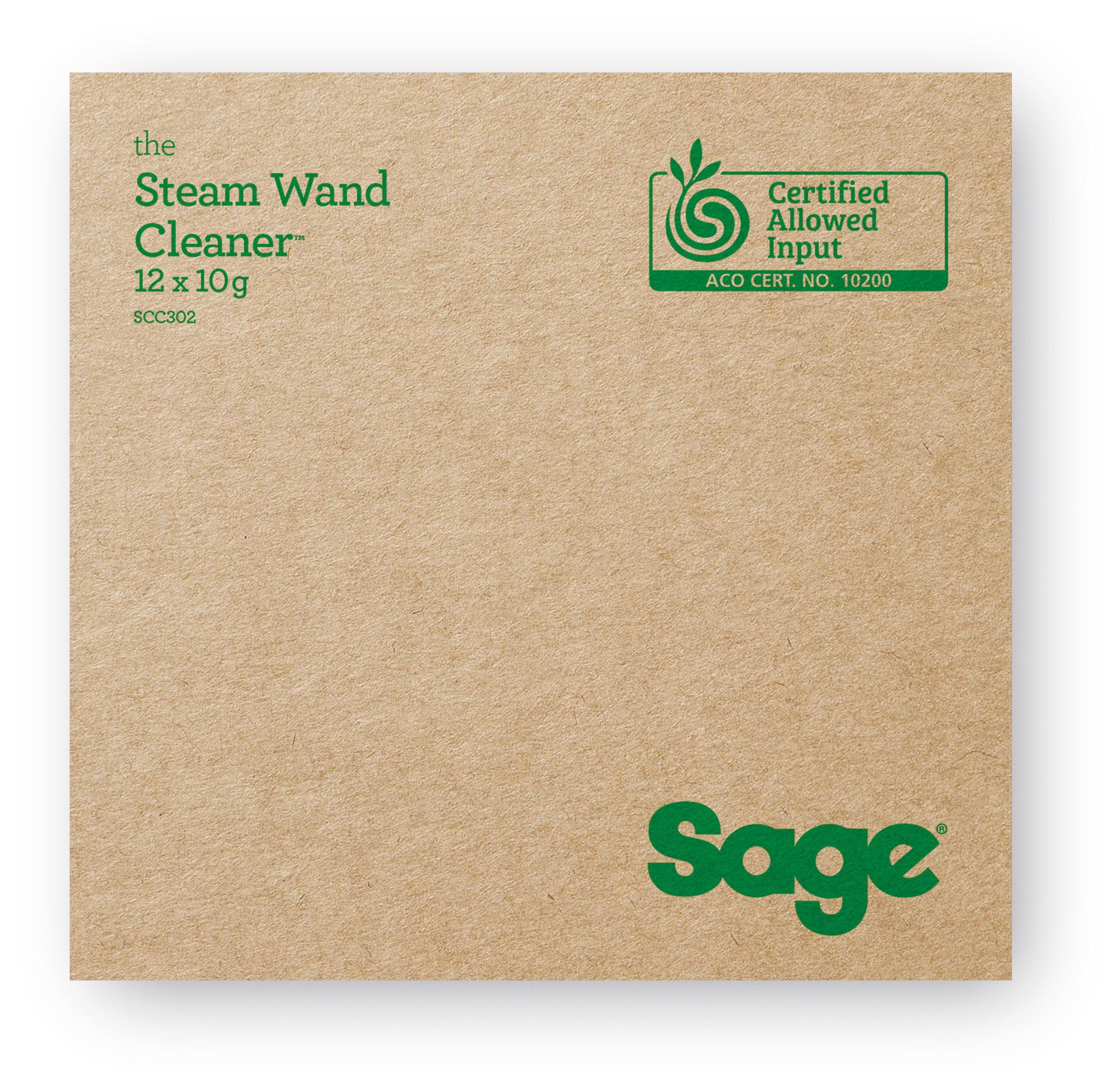Karton doboz zöld szöveggel: 'Steam Wand Cleaner', 'Certified Allowed Input' és a 'Sage' logó.