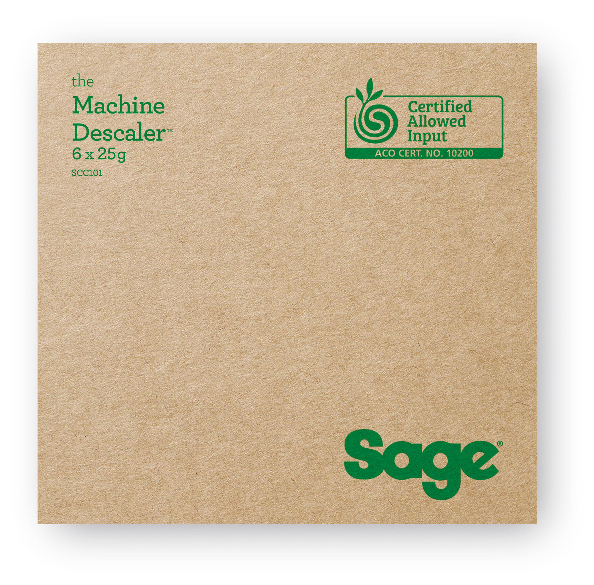Kartondoboz zöld szöveggel: Machine Descaler, 6 x 25g, és Sage logó. Certified Allowed Input logó jobb felső sarokban.