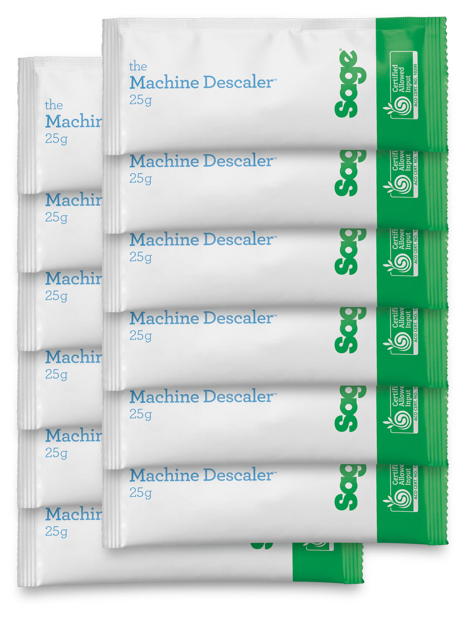 Fehér tasakok halmaza, melyekre a 'Machine Descaler 25g' felirat van nyomtatva, zöld Sage logóval és tanúsítvánnyal jobbra.
