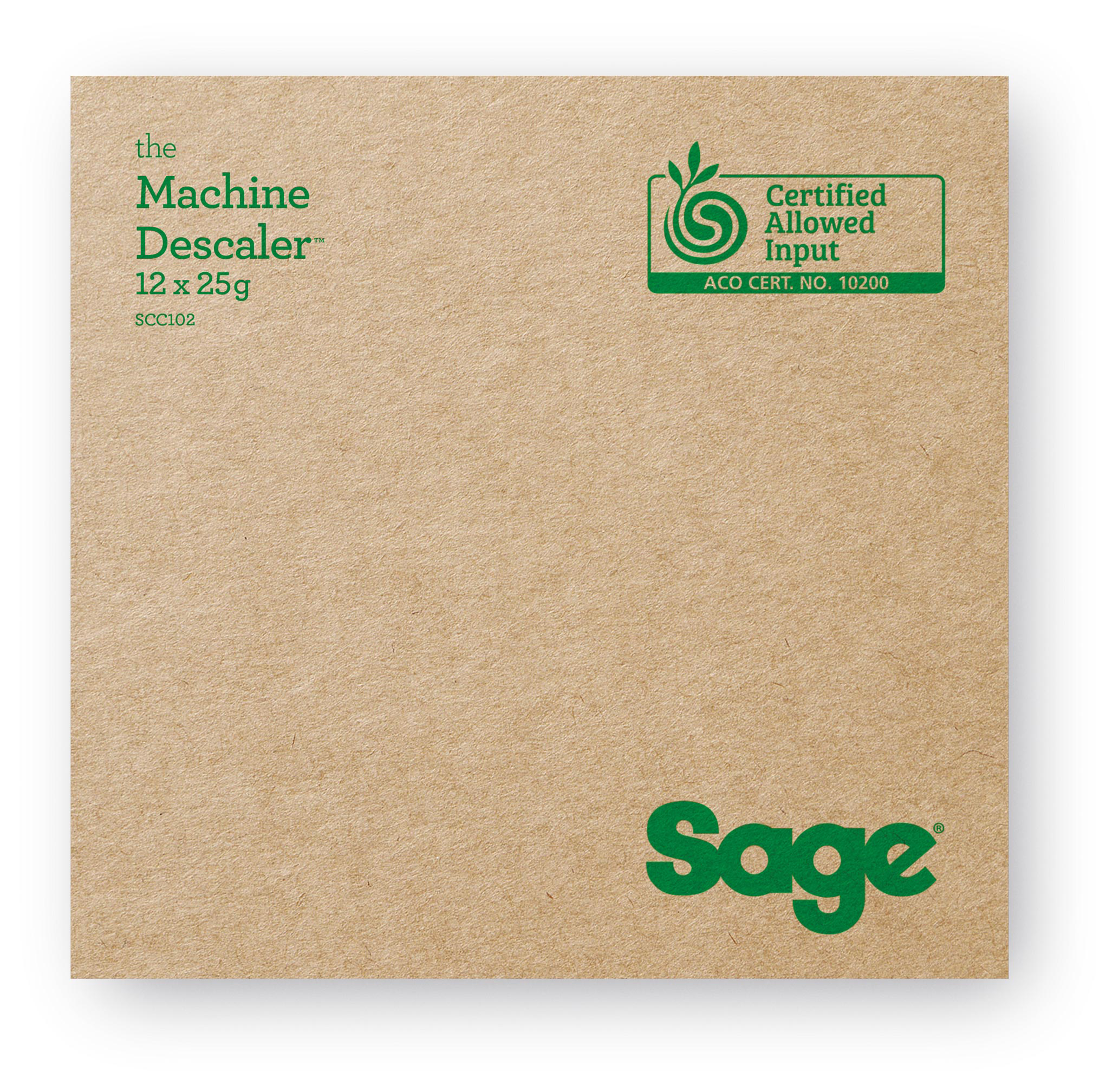 Karton doboz zöld szöveggel: The Machine Descaler, Certified Allowed Input, és Sage logó. Barna háttér.