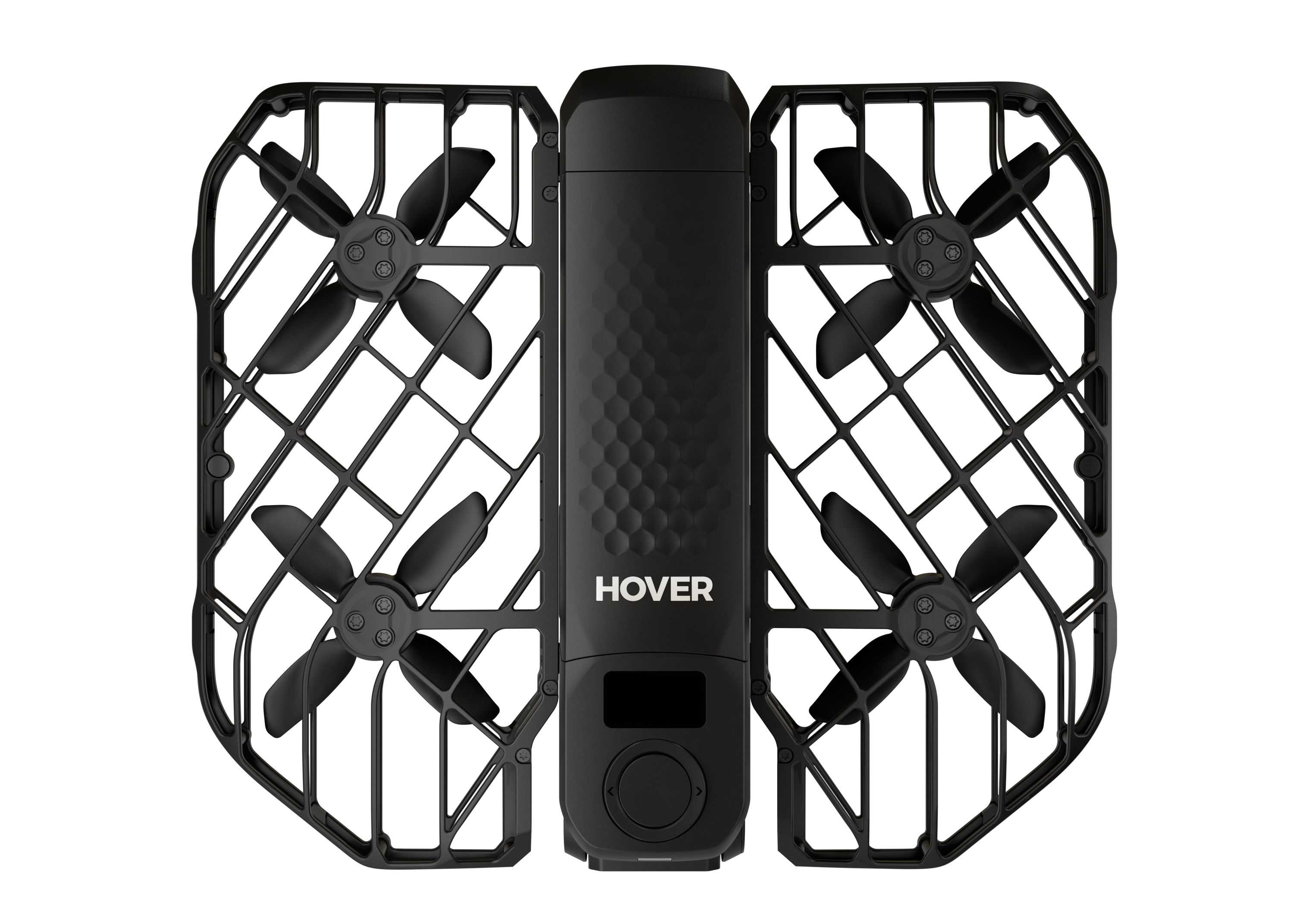Schwarze Drohne mit Schutzgittern und Propellern, 'HOVER'-Logo in Weiß auf dem Mittelteil, auf schwarzem Hintergrund.